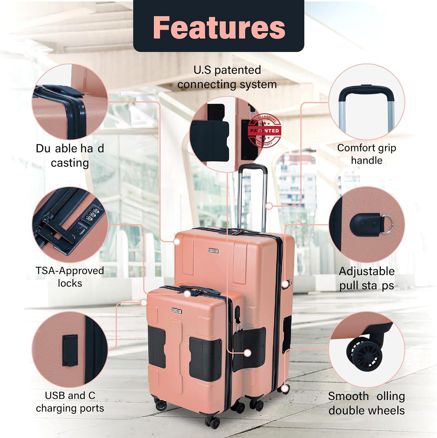 TACH Patented Connecting Hard Shell 2 Piece Luggage Set - 20 & 28 inch Luggage | Large & Carry-On Rolling Suitcases - Pink