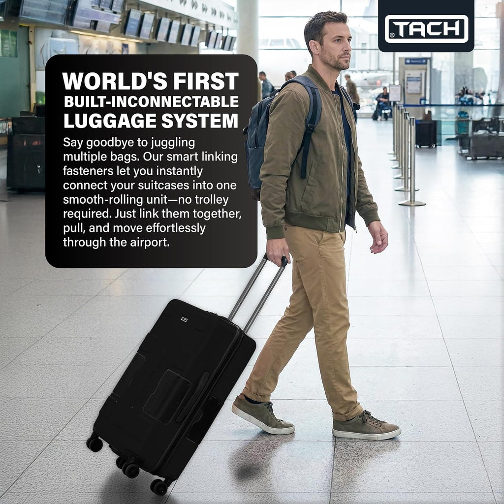 TACH Patented Connecting Hard Shell Carry-On | Roll Connected Units Right to Your Seat | Connect and Disconnect in Seconds | Rolling Suitcases - Black