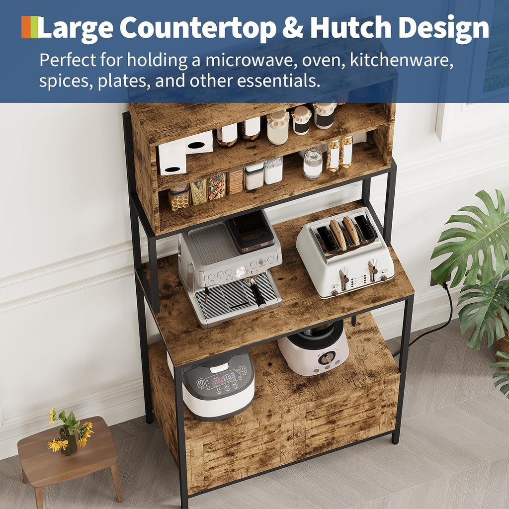 68' Kitchen Bakers Rack with Storage, Freestanding 6-Tier Industrial Coffee Bar Station with Power Outlet, Microwave Stand with Shelves & Cabinet for Pots, Pans, Spices & Kitchen Essentials