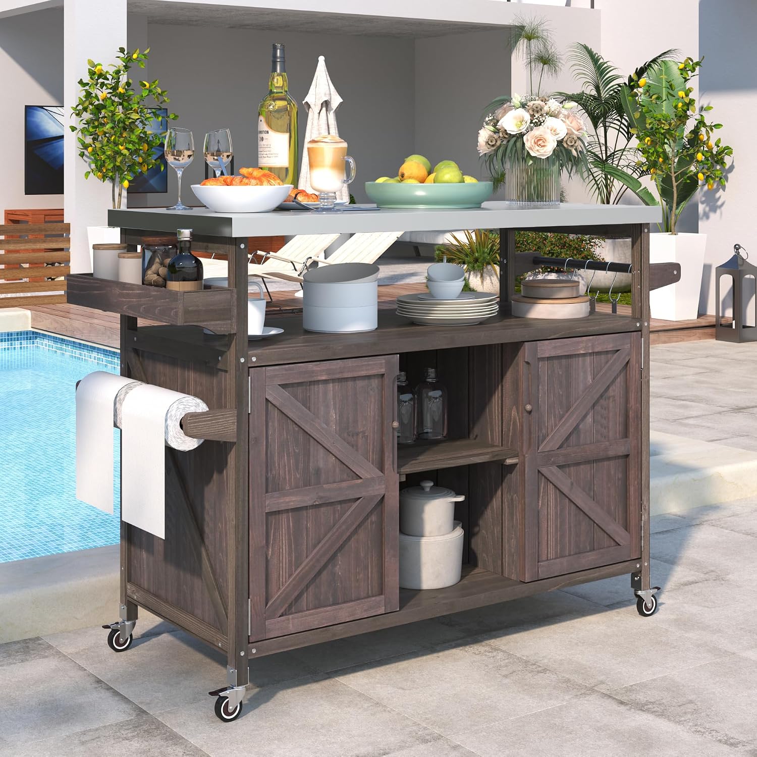 Outdoor Kitchen Island Rolling Bar Cart & Storage Cabinet Farmhouse Solid Wood Grill Table with Stainless Steel Top, Spice Rack, Towel Rack for Dining Room Kitchens BBQ Outdoor Dark Brown