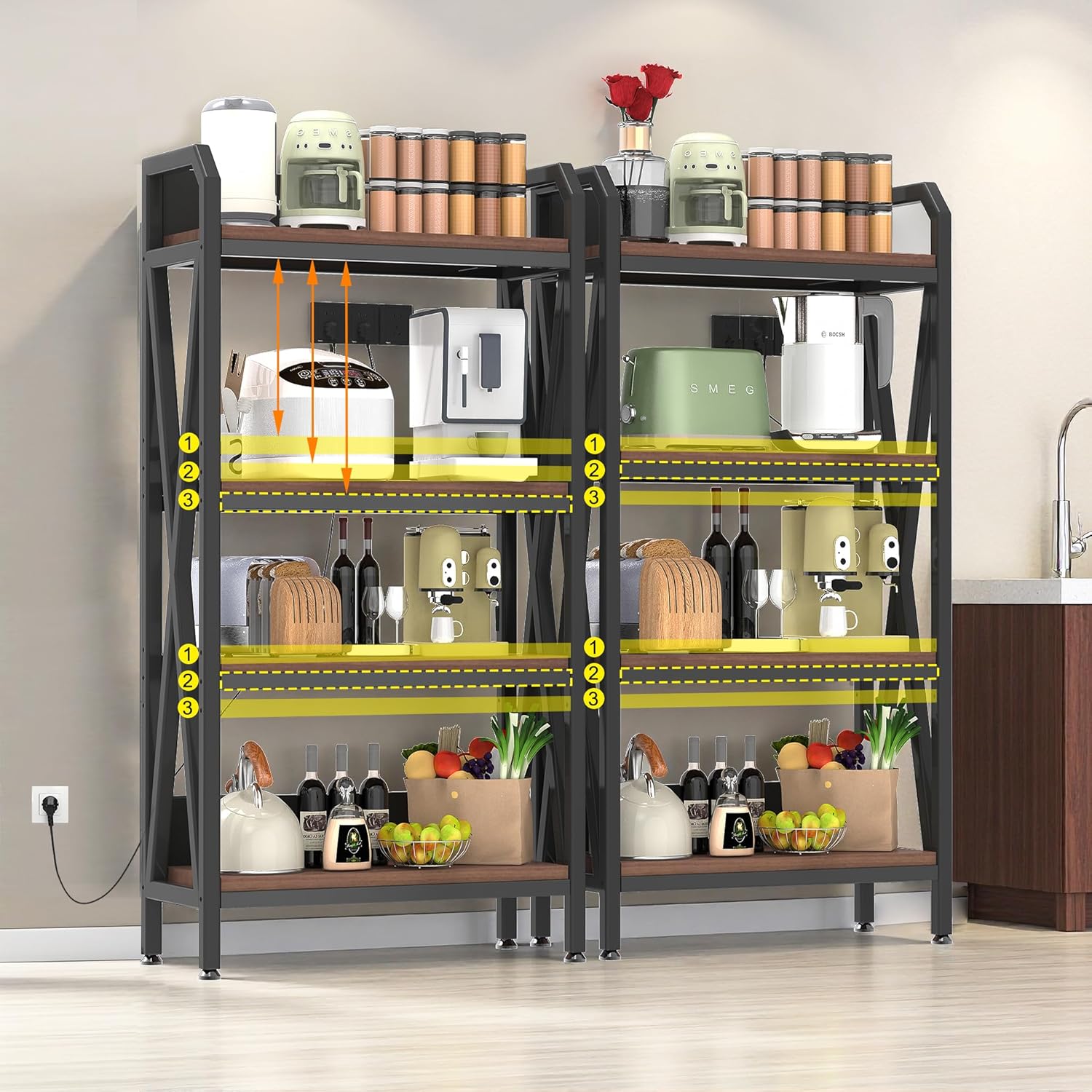 IRONCORE Bakers Racks for Kitchens,4-Tier Kitchen Bakers Rack with X-Type Reinforcement,Bakers Rack with Storage,for Microwave Stand,Coffee Bar,Organizer,Steel Metal Storage Shelf