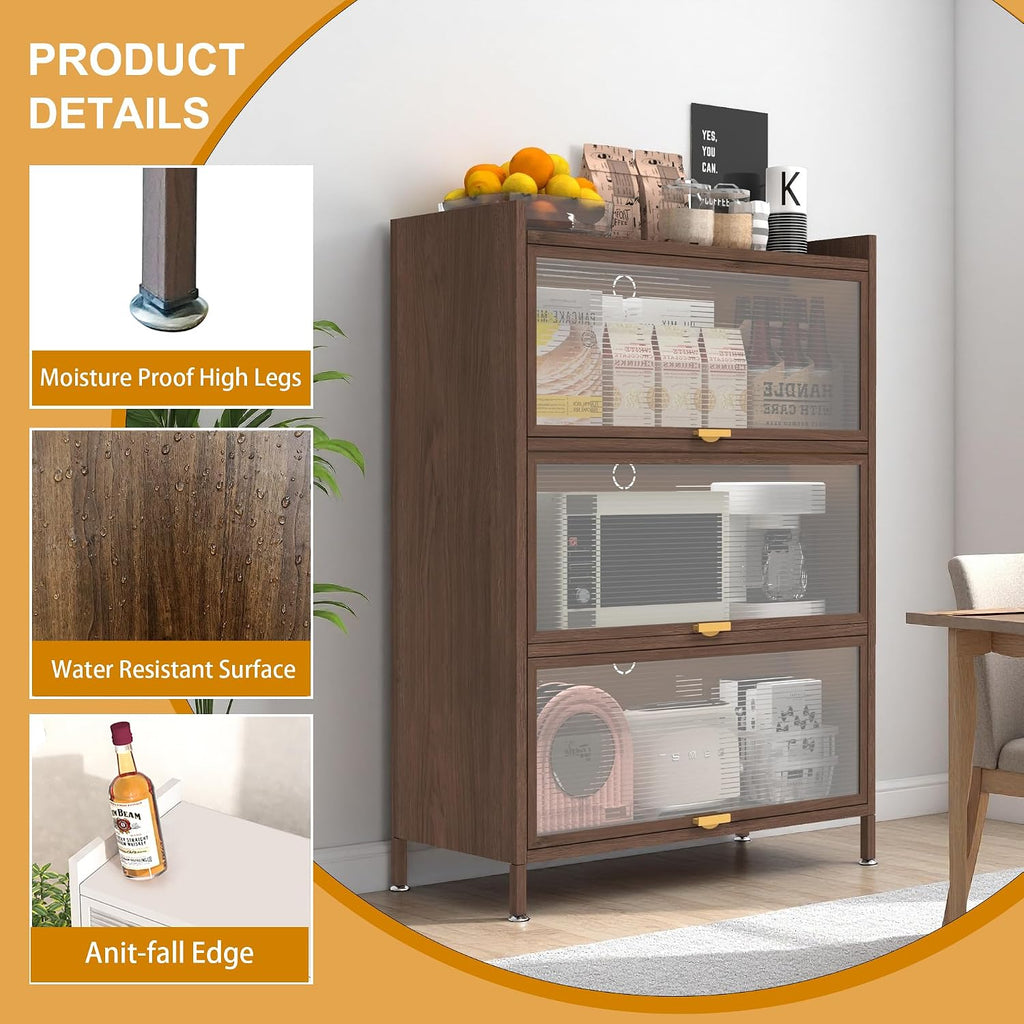 4-Tier Kitchen Pantry Cabinet with Microwave Shelf & Flip-Up Doors - Modern Freestanding Storage Cupboard with Adjustable Shelves & Fluted Glass Doors, Brown Buffet for Kitchen/Dining/Living Room