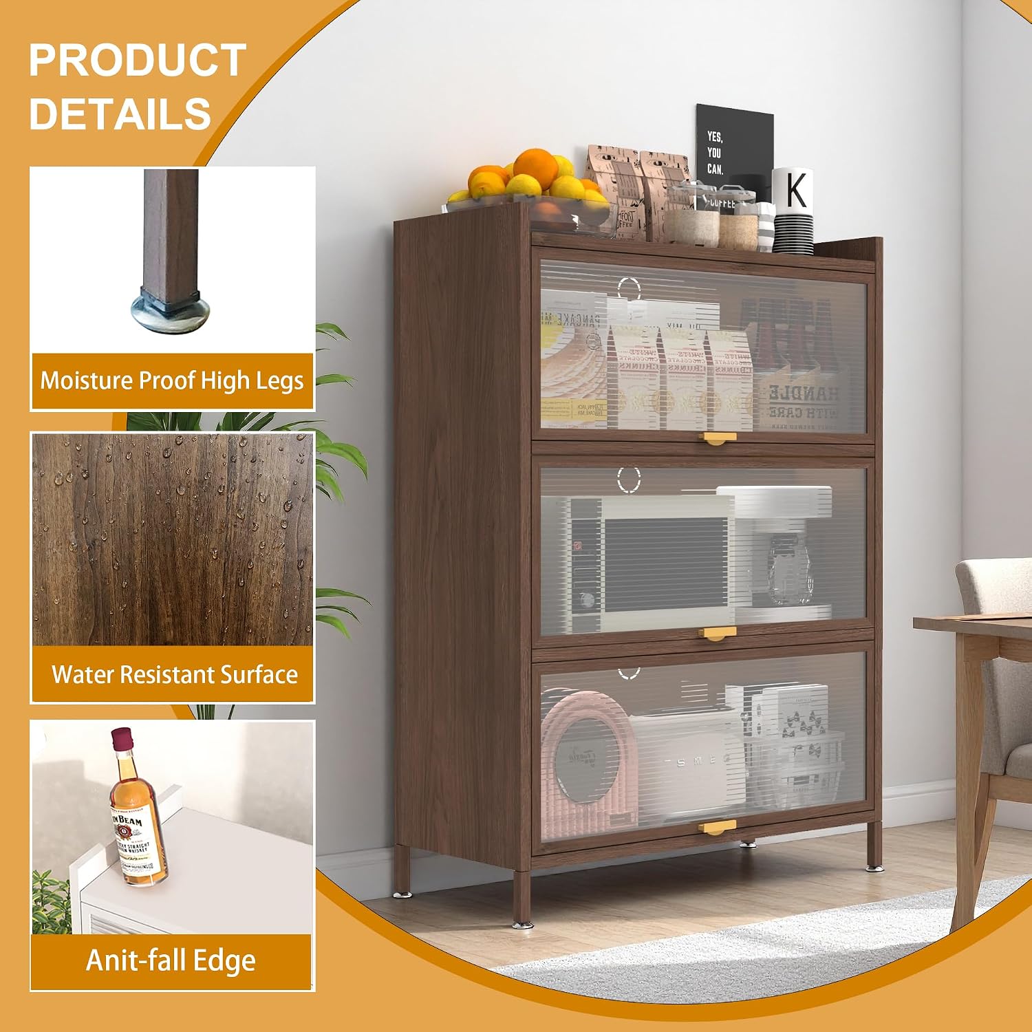 4-Tier Kitchen Pantry Cabinet with Microwave Shelf & Flip-Up Doors - Modern Freestanding Storage Cupboard with Adjustable Shelves & Fluted Glass Doors, Brown Buffet for Kitchen/Dining/Living Room