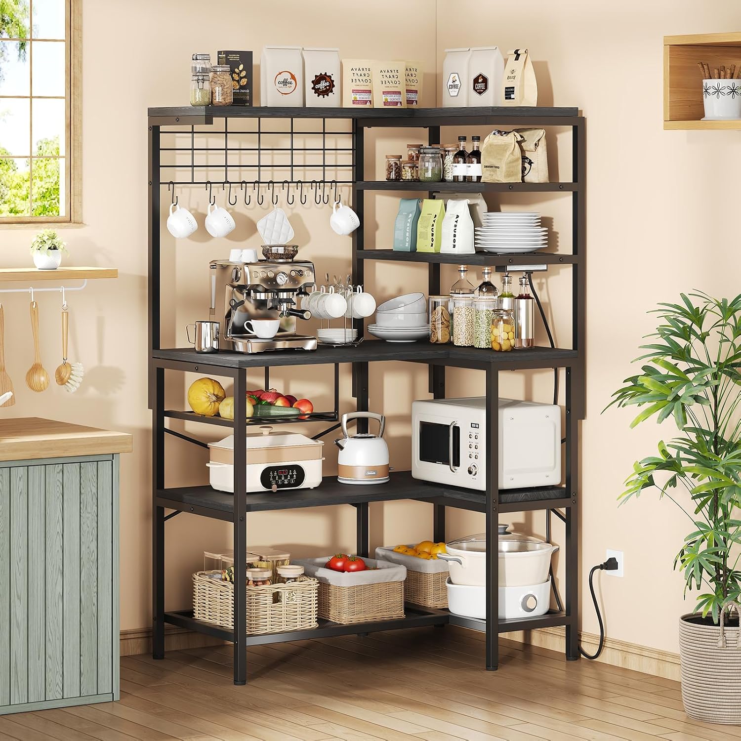 L-Shaped Bakers Rack with Power Outlet, 6-Tier Microwave Stand with Open Storage, Kitchen Shelf with Hooks, Coffee Bar with Wire Basket, Black