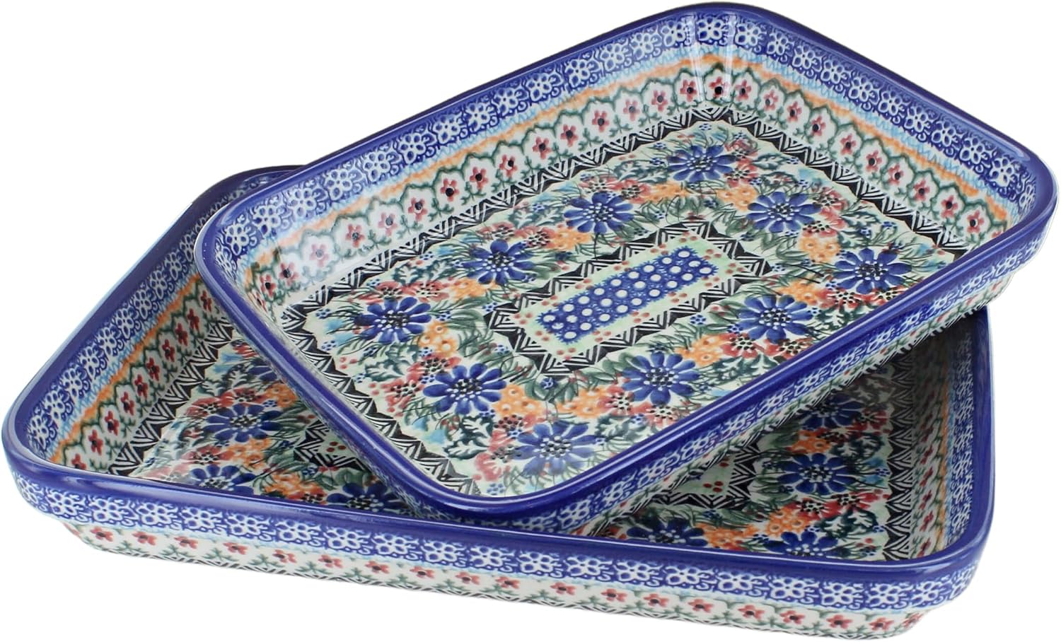 Blue Rose Polish Pottery - Orange Ashley Rectangular Baker Set - 2 Bakers - Unique, Dishwasher Safe, & Durable Bakeware