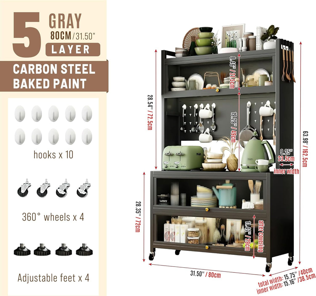 SunSettler Kitchen Pantry Storage Cabinet, 5 Tier Metal Sideboard with Wheels and Acrylic Glass Door, Modern Kitchen Storage Rack for Home, Office, Pantry, Garage (Black, 80cm)