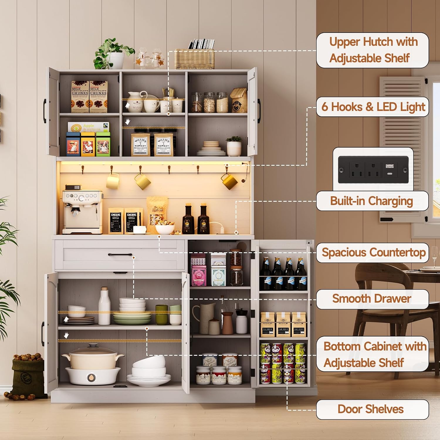 ONBRILL 71' Pantry Cabinet, Kitchen Pantry Storage Cabinet with LED Light & Outlet, Kitchen Hutch with Microwave Shelf & 6 Hooks, Door Shelves & Drawer & Adjustable Shelves, for Dining Room