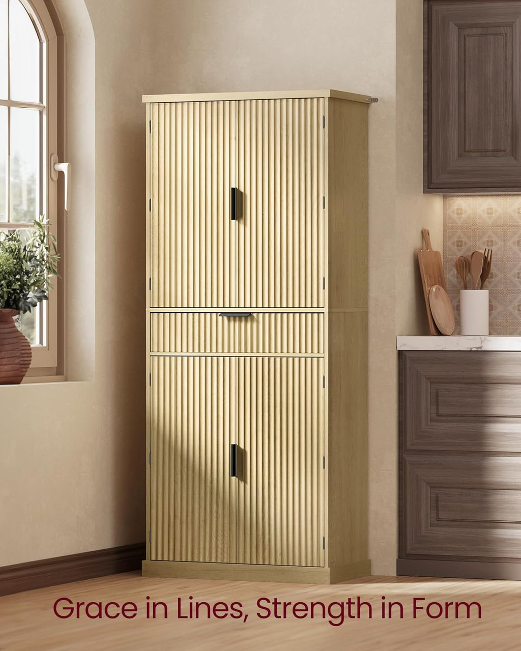 VASAGLE MAXE Collection - Pantry Cabinet, 70.6-Inch Tall Storage Cabinet with Drawer, 6 Adjustable Shelves, 2 Cabinets, Fluted Doors, Mid Century Modern, for Kitchen Living Room, Oak Beige UBBK365Y01