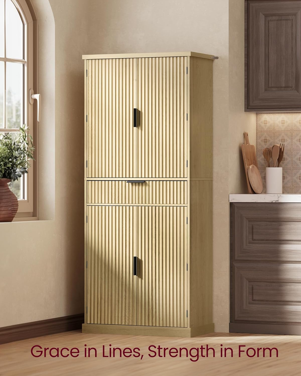 VASAGLE MAXE Collection - Pantry Cabinet, 70.6-Inch Tall Storage Cabinet with Drawer, 6 Adjustable Shelves, 2 Cabinets, Fluted Doors, Mid Century Modern, for Kitchen Living Room, Oak Beige UBBK365Y01
