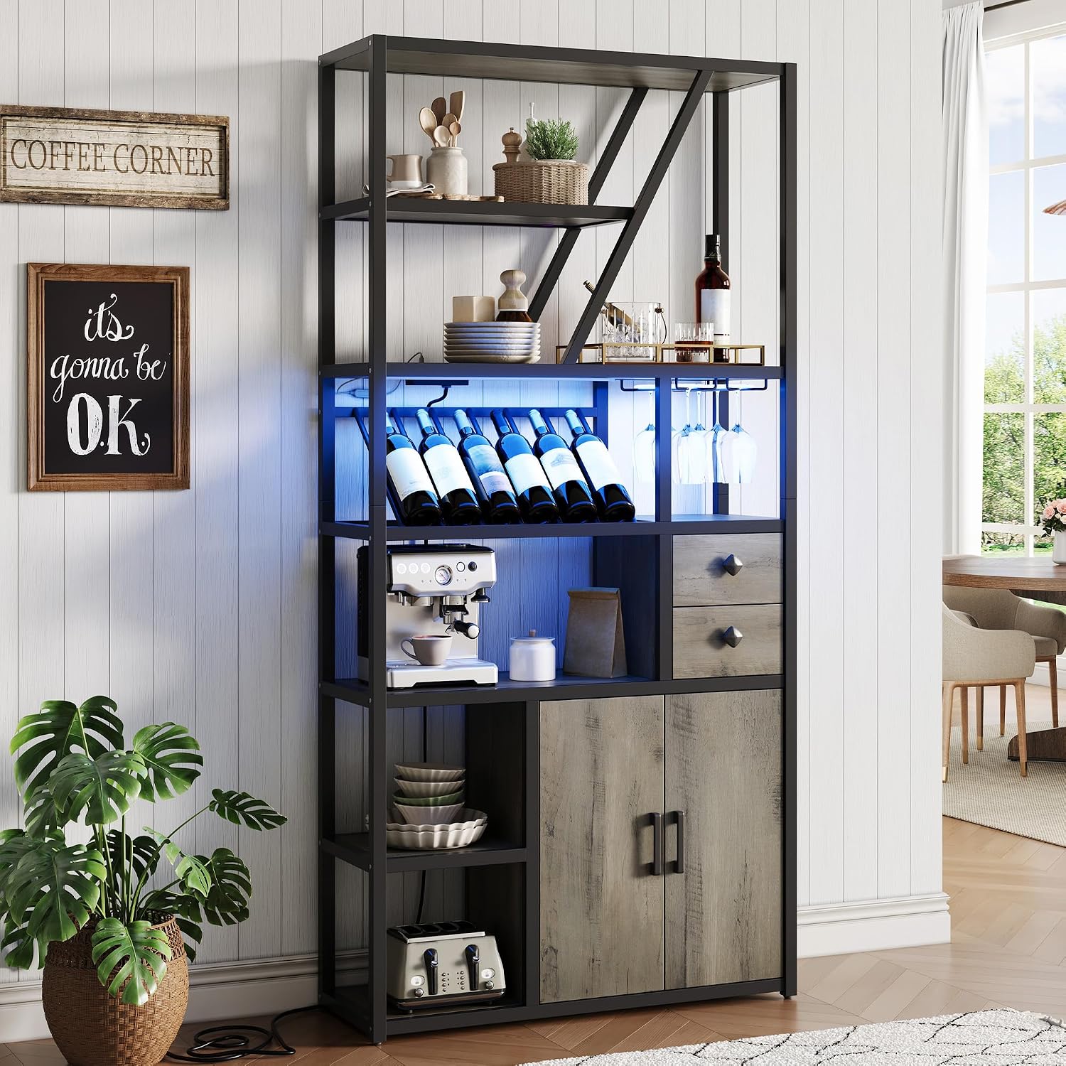 Wine Bar Cabinet with LED Lights, Tall Coffee Bar Station with Power Outlets, Wine Rack, Kitchen Microwave Stand Bakers Rack Cabinet for Living Room - Power Outlets Convenience