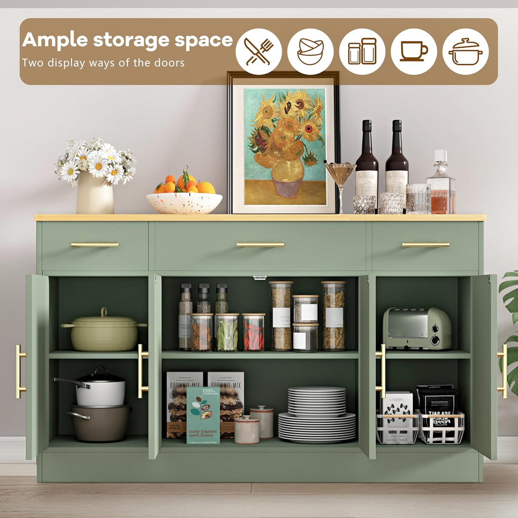 Vongrasig Buffet Cabinet with Storage, Farmhouse Coffee Bar Table with Drawers, 53' Large Modern Sideboard Buffet with Adjustable Shelves, Wood Buffet Table for Kitchen, Dining Room, Green