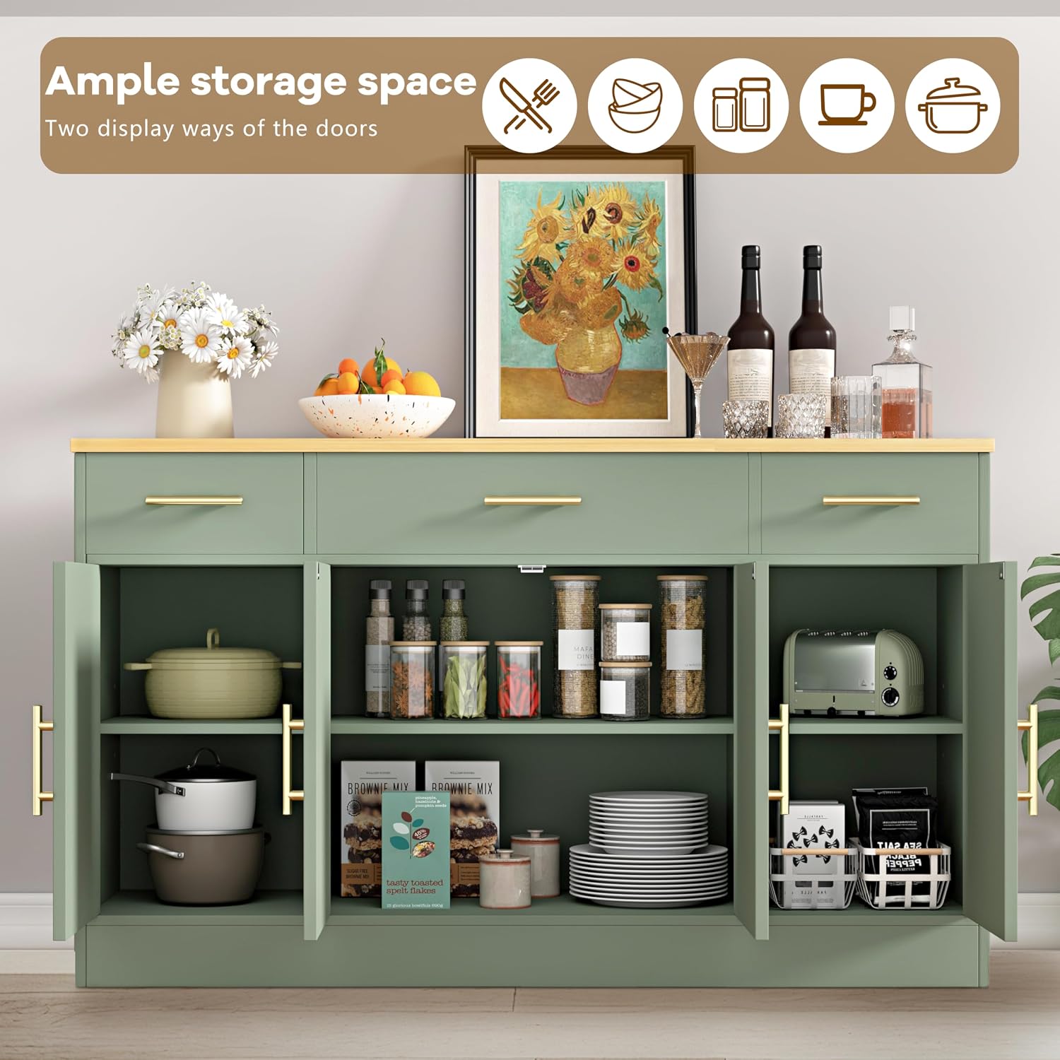 Vongrasig Buffet Cabinet with Storage, Farmhouse Coffee Bar Table with Drawers, 53' Large Modern Sideboard Buffet with Adjustable Shelves, Wood Buffet Table for Kitchen, Dining Room, Green