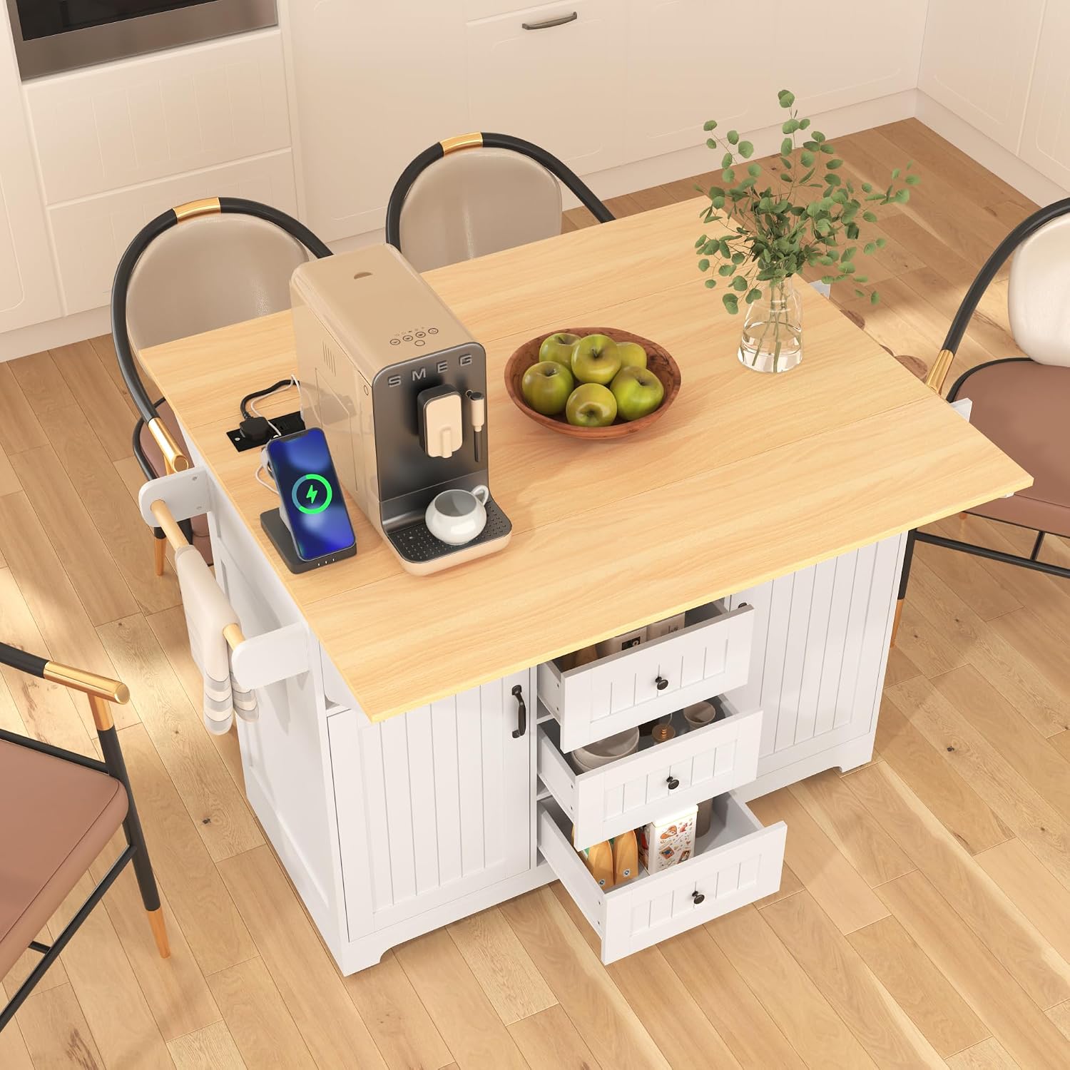 Modern Large Kitchen Island with 2 Drop Leaf, Rolling Kitchen Cart on 5 Wheels with Power Outlet, Folding Storage Dining Table for Kitchen, Dining Room (White/Folding)