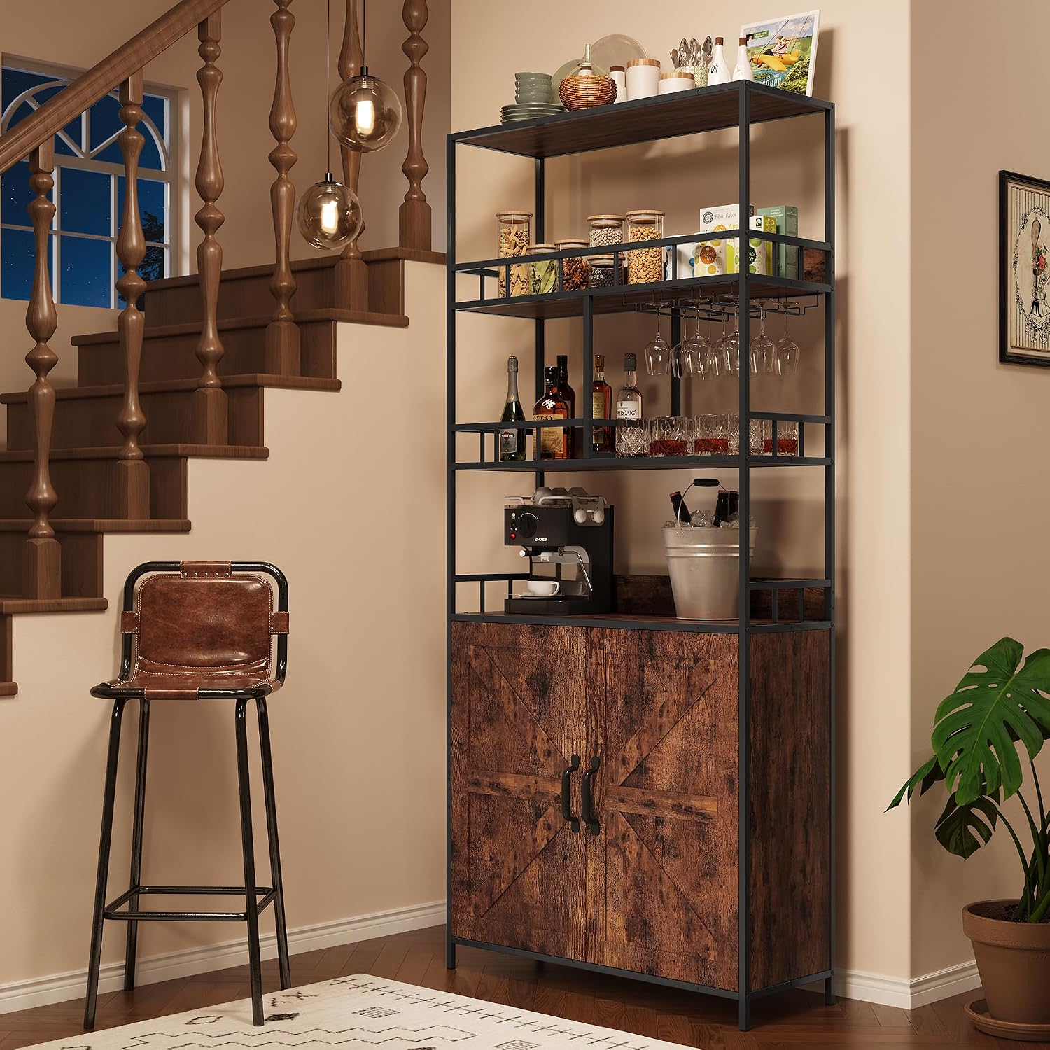70.8' in Large Bakers Rack with Cabinet,Tall Wine Cabinet & Bar Storage Rack with Baskets and Hooks for Wine, Glasses, Beverages, and Snacks，Suitable for Living Rooms, Kitchen