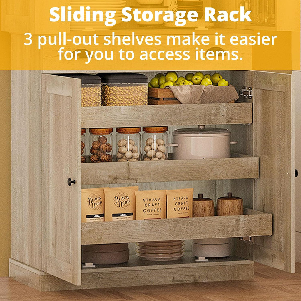 IRONCK Kitchen Pantry Cabinet 72' Height, Freestanding Cupboard with Drawer, Sliding Storage Rack, and 6 Hanging Shelves for Dining Room, Laundry, Rustic Maple