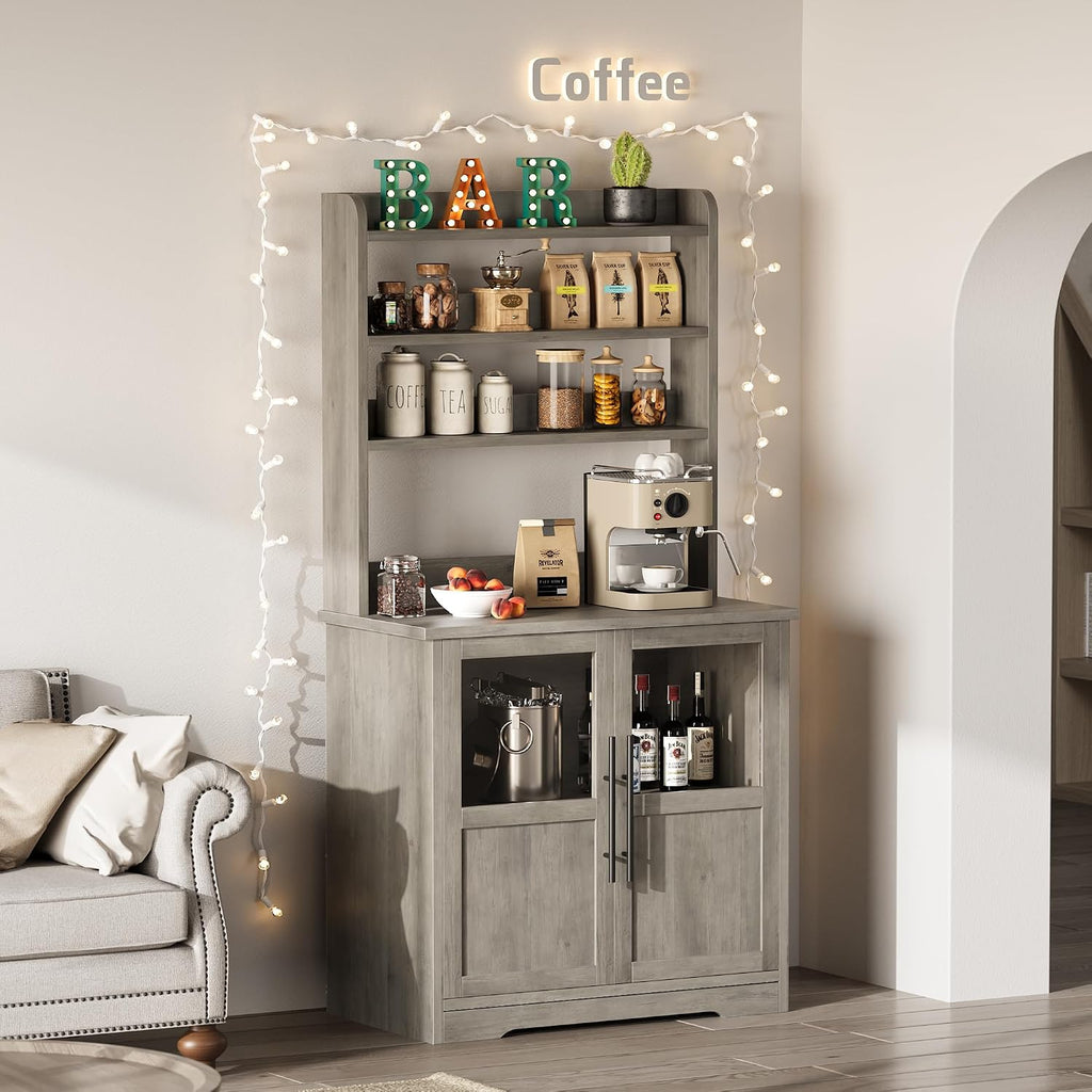 Takywep Farmhouse Bakers Rack with Charging Station, Rustic Wood Hutch with Glass Door Storage Cabinet & 3 Open Shelves, Kitchen Pantry Organizer Microwave Stand for Living Room, Dining Room, Gray