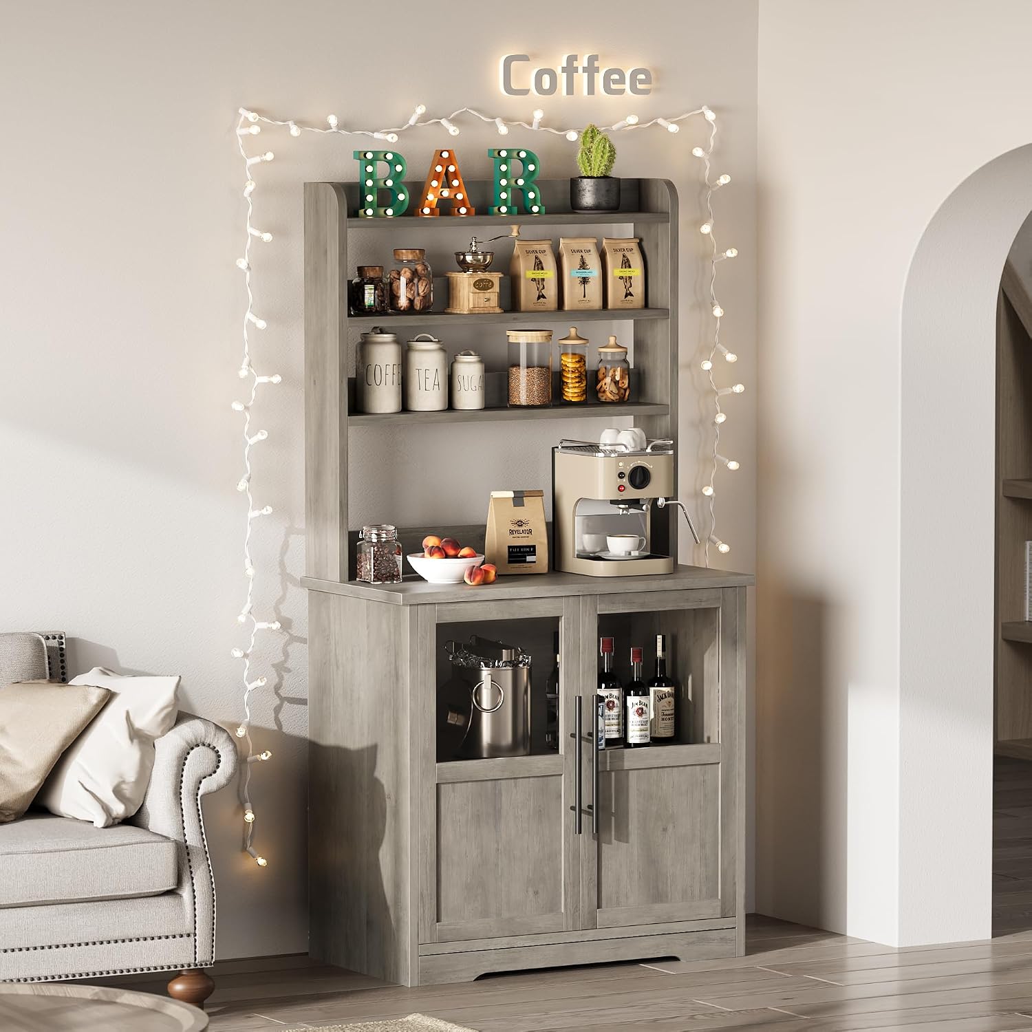 Takywep Farmhouse Bakers Rack with Charging Station, Rustic Wood Hutch with Glass Door Storage Cabinet & 3 Open Shelves, Kitchen Pantry Organizer Microwave Stand for Living Room, Dining Room, Gray