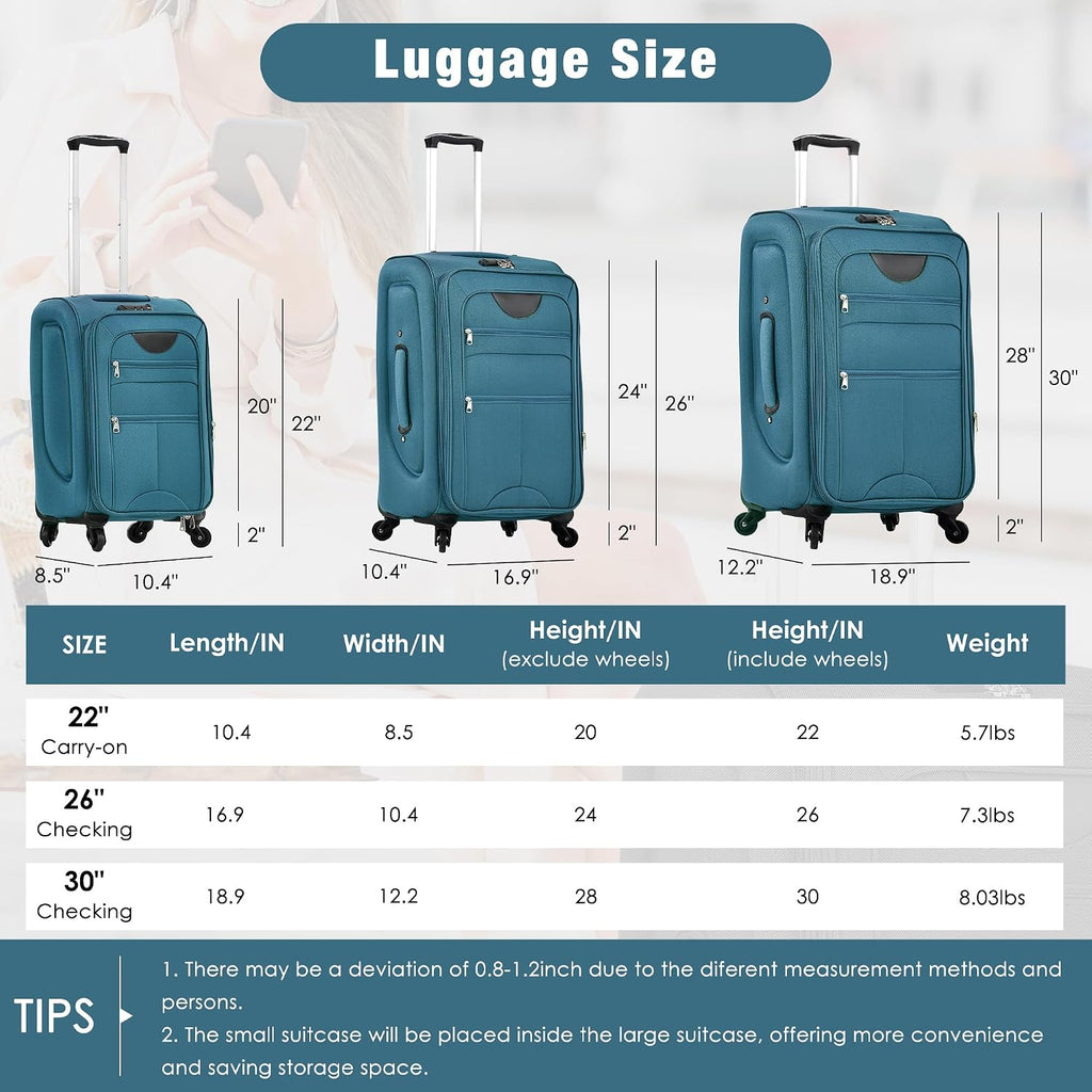 Merax Softside Luggage Set 3 Piece Suitcase with Duffel Bag Spinner Wheels Lightweight Expandable Travel Luggage 22' 26' 30',Blue Green