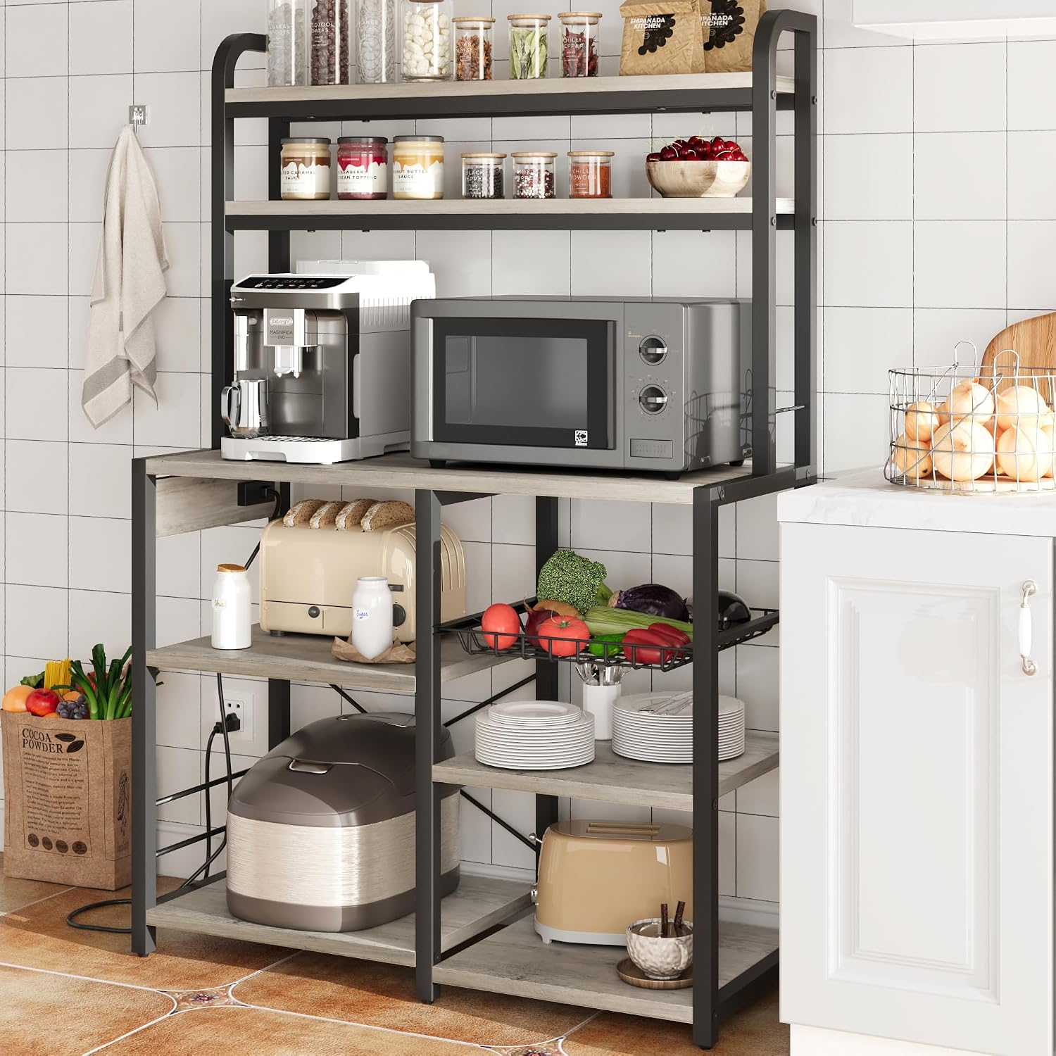 GAOMON Bakers Rack with Power Outlet, Kitchen Baker Rack with Wire Basket, Microwave Stand with Large Open Storage Shelves, 6-Tier Freestanding Utility Storage Shelf, Retro Gray