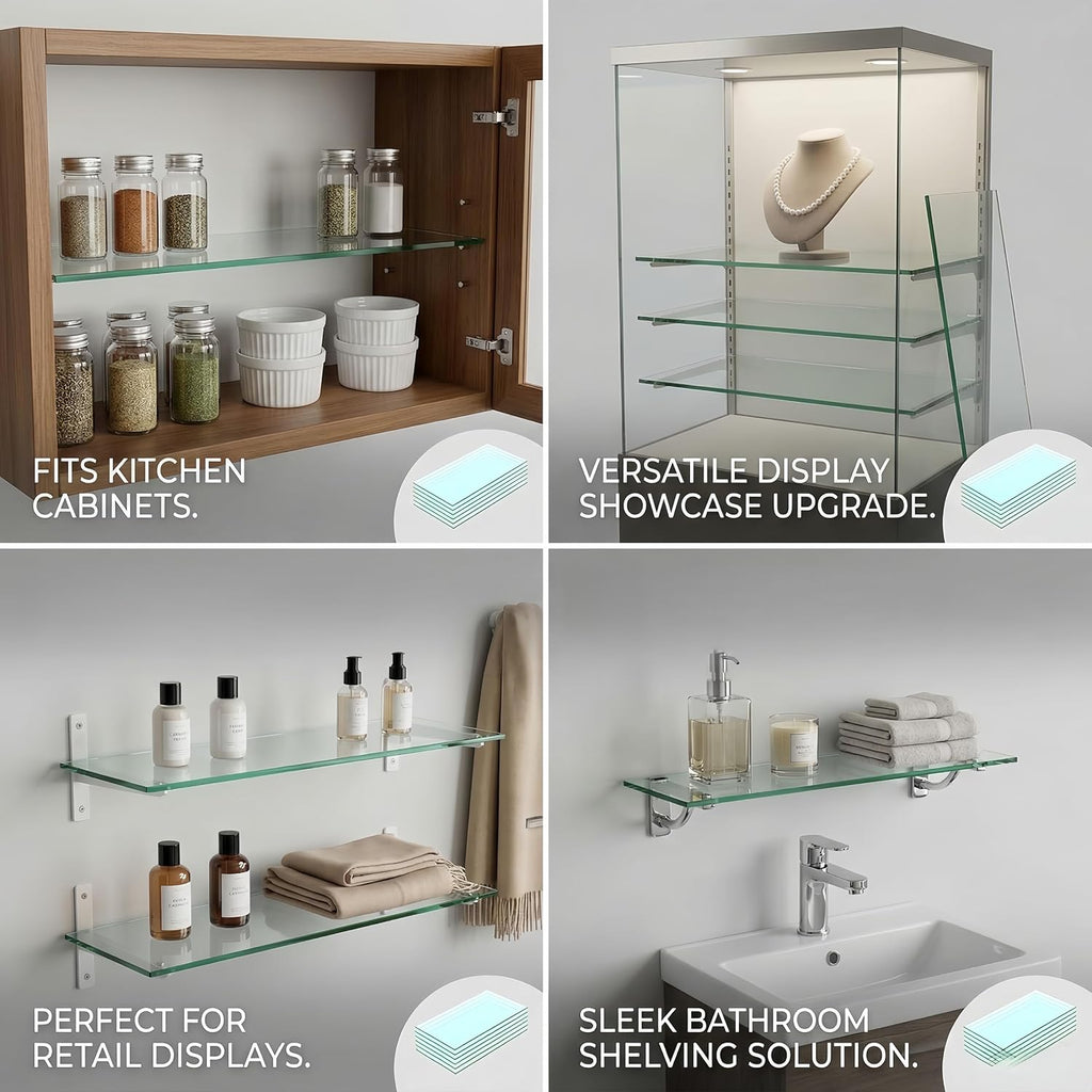Floating Shelves - Pack of 5 Tempered Glass Shelves, 12' W x 46' L, 3/16' Thick, Polished Edges-– Rectangular Replacement Shelves for Cabinets, Display Cases & Retail Fixtures