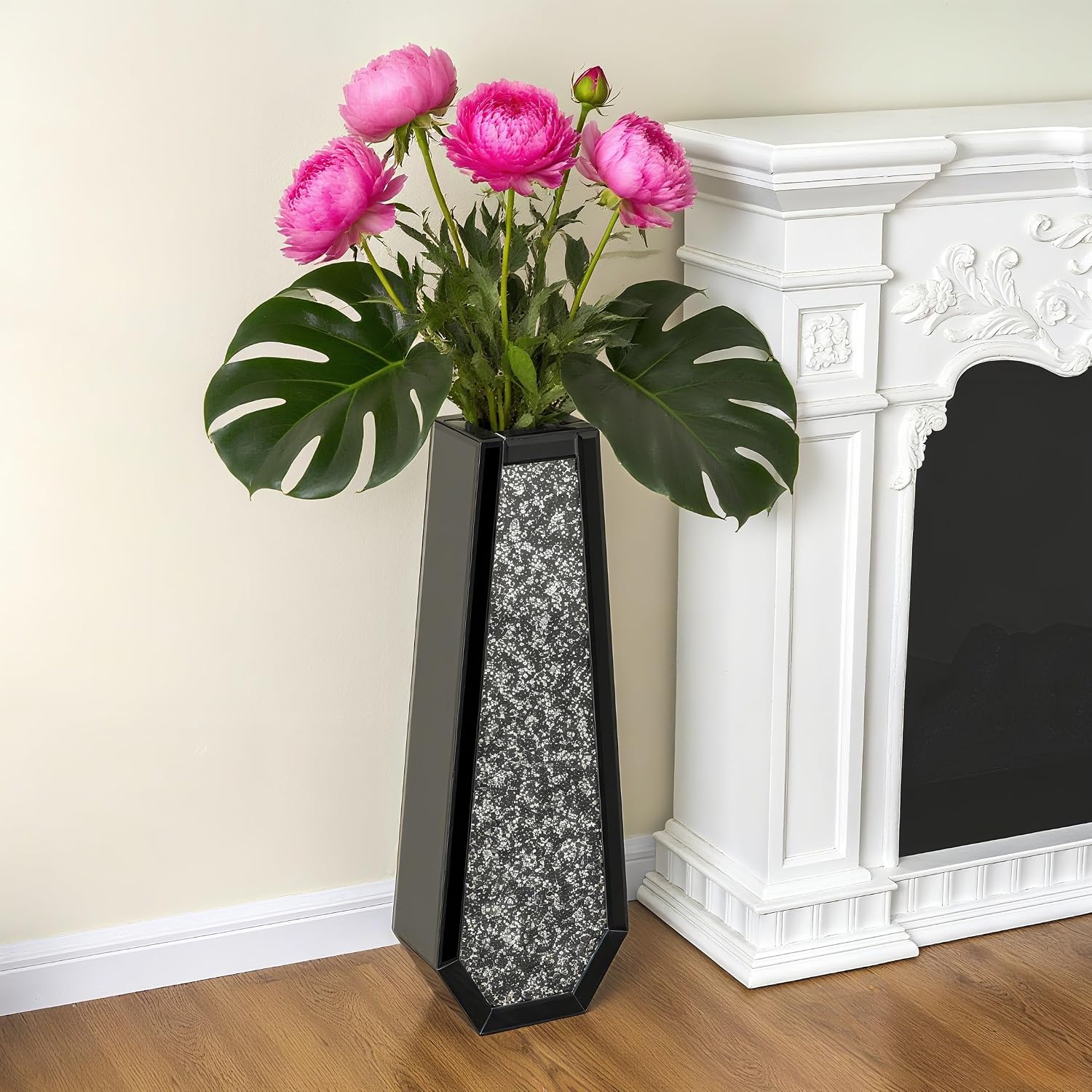 SHYFOY 30' Tall Floor Vase Black Crushed Diamond Tall Vases for Decor Living Room Floor Large Crystal Glass Decorative Floor Vase for Living Room Office Home Decor