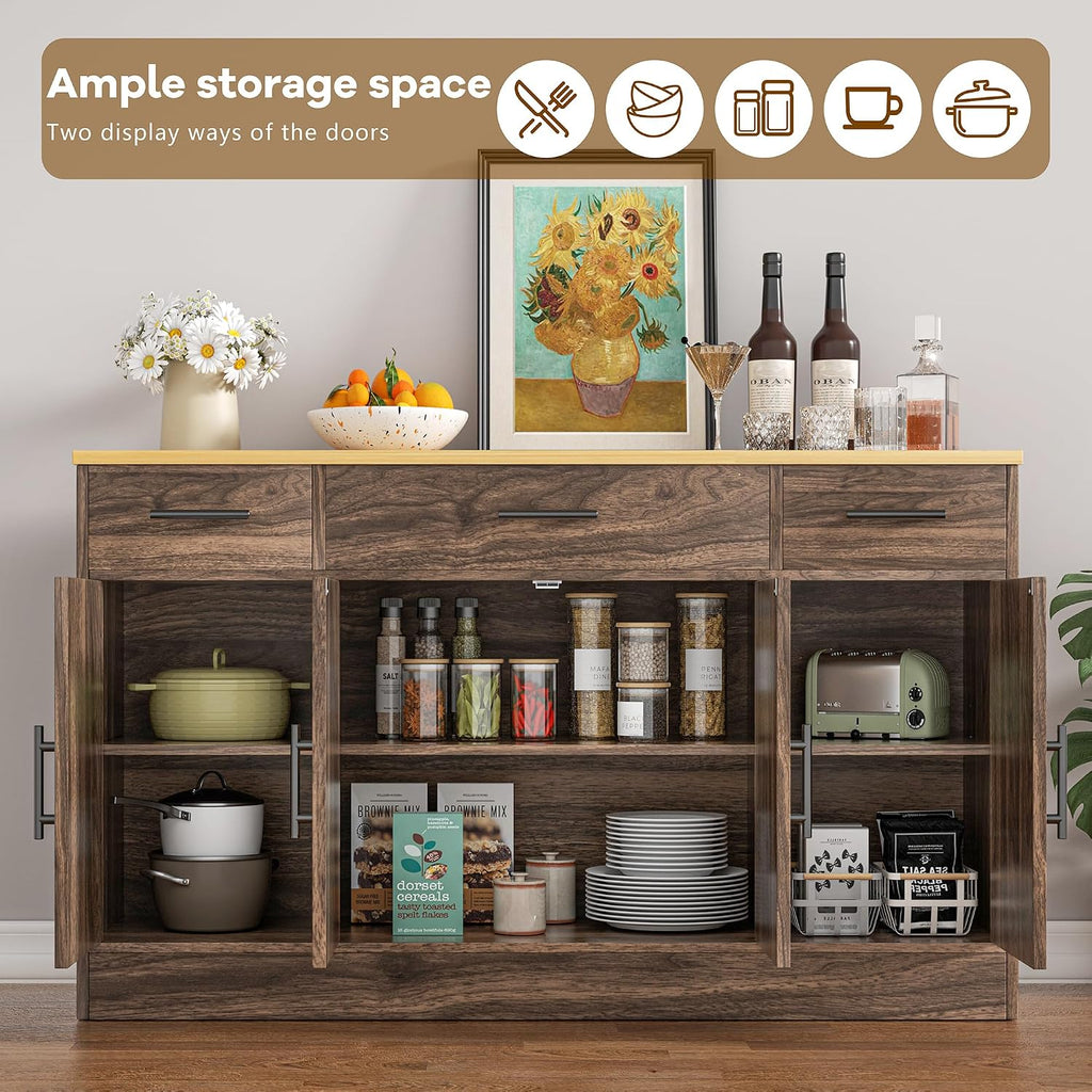 Vongrasig Buffet Cabinet with Drawers, 53' Large Sideboard Buffet Kitchen Storage Cabinet, Modern Farmhouse Coffee Bar with Shelves and Doors, Wood Buffet Table for Kitchen, Dining Room, Rustic Brown