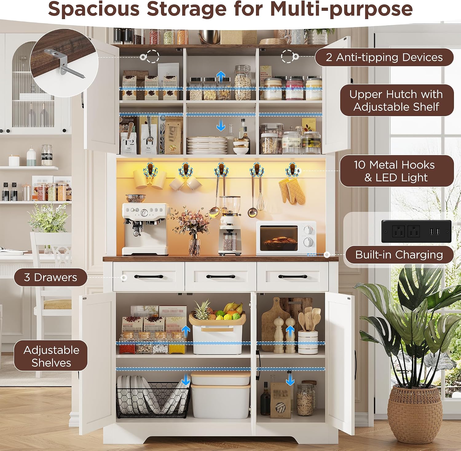 70.9' Tall Kitchen Pantry Cabinet with LED Light & Charging Station, Farmhouse Kitchen Hutch with Large Countertop & 10 Hooks, Kitchen Cabinet Storage with Drawers for Living Room, Dining Room, White