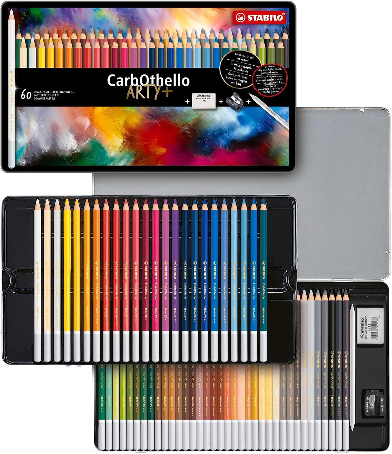 STABILO - CarbOthello - Chalk-Pastel Pencil - ARTY+ - Tin of 60 - Assorted colors with Sharpener, Kneaded Eraser and Blending Stump