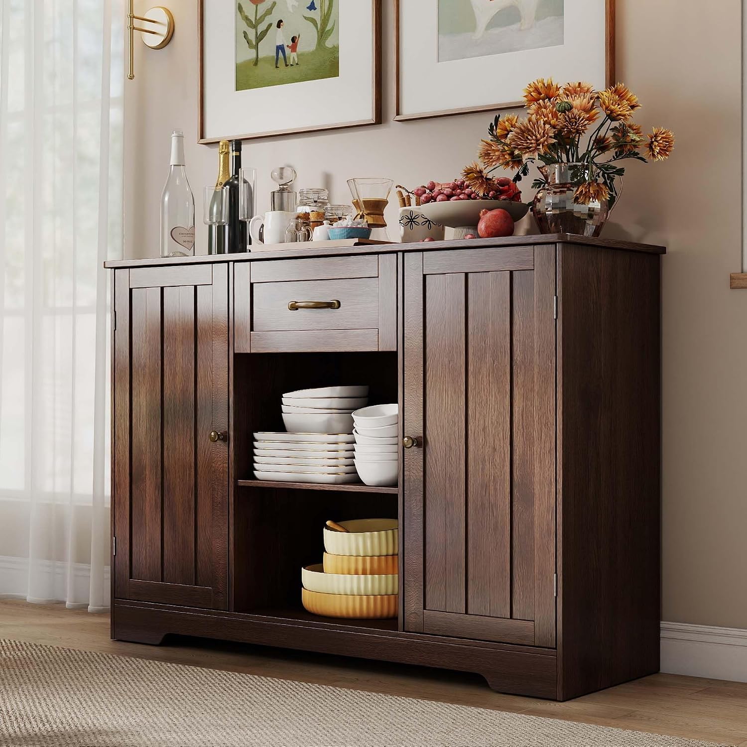 Gizoon 45' Kitchen Sideboard Buffet Cabinet with Storage Coffee Bar Cabinet with Drawer, Kitchen Pantry Storage with Door and Shelves for Bathroom and Living Room, Dark Brown