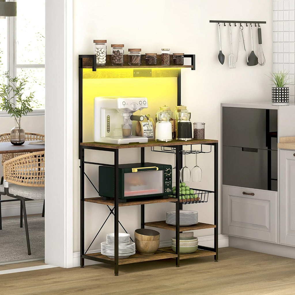 Rack with Power Outlet and LED Lights, Bakers Racks for Kitchens with Storage, Industrial Microwave Stand with Glass Holders, Metal Basket, Multiple Shelves, Rustic Brown