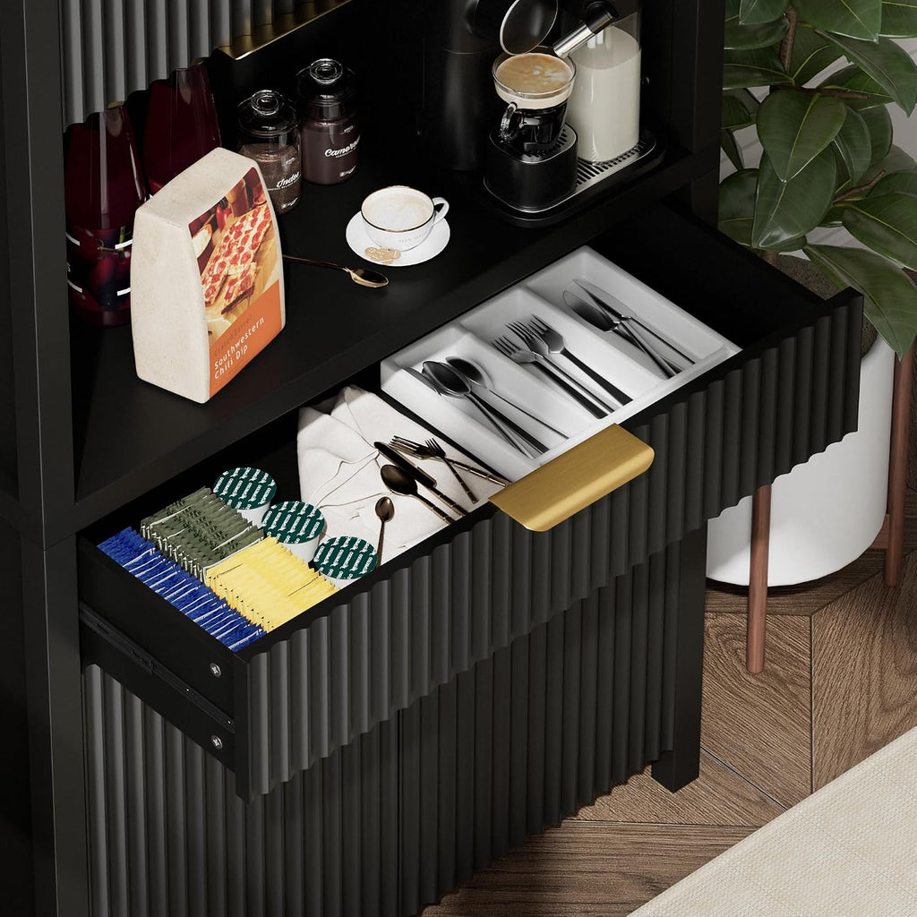 Lulive 71' Fluted Pantry Cabinet with Charging Station, Black | Adjustable Shelves, Open Countertop, Drawer, Spacious Kitchen Storage