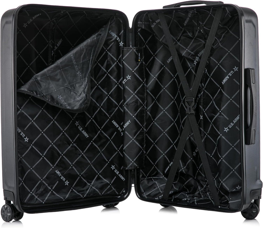 US ARMY FOX 3 Pcs Set Hardshell Luggage with Spinner Wheels | 20, 24, 28 inch Lightweight Travel Suitcase, Chevron Icon, Gel Handle, Retractable Trolley, Side Studs | Black
