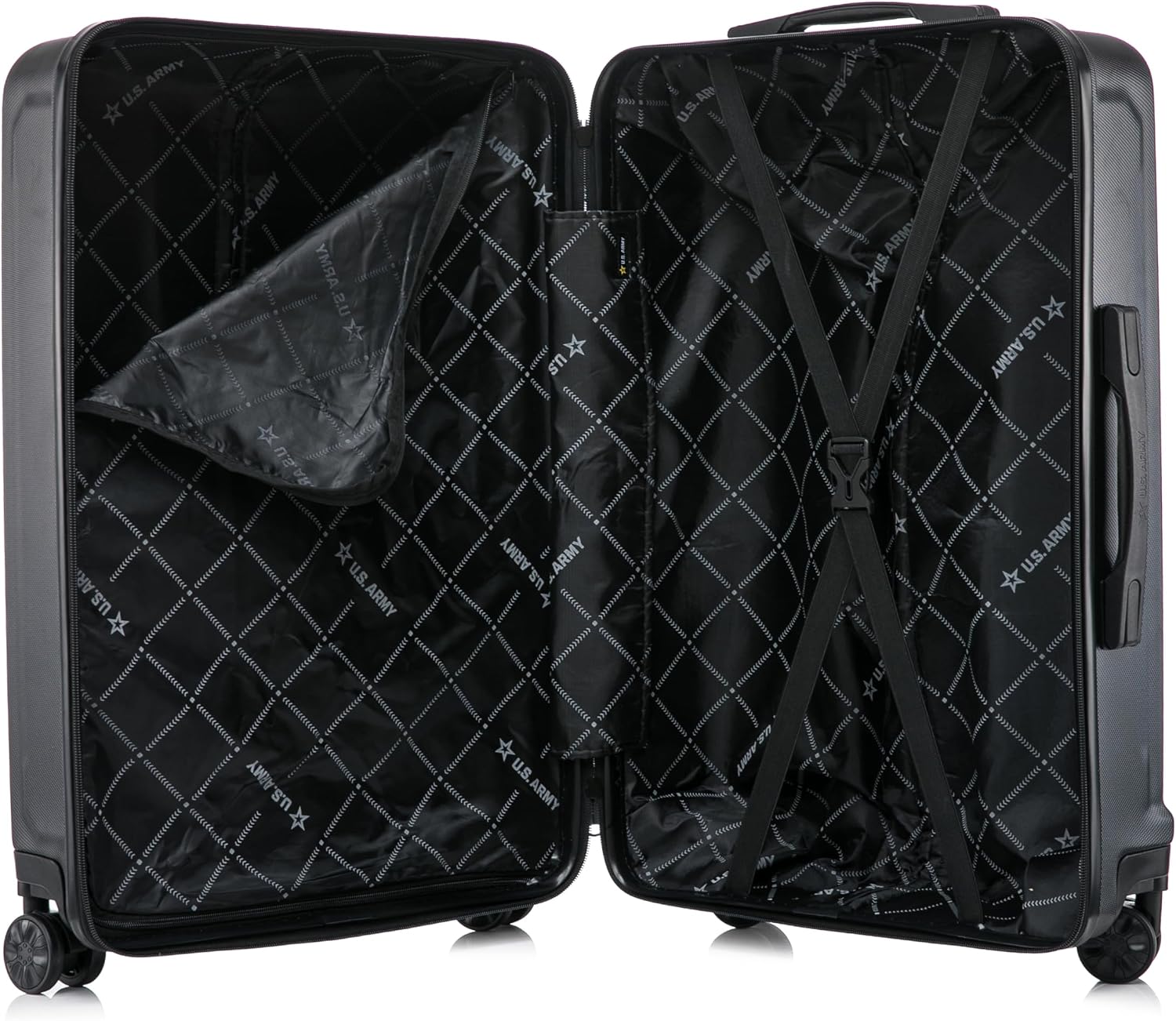 US ARMY FOX 3 Pcs Set Hardshell Luggage with Spinner Wheels | 20, 24, 28 inch Lightweight Travel Suitcase, Chevron Icon, Gel Handle, Retractable Trolley, Side Studs | Black