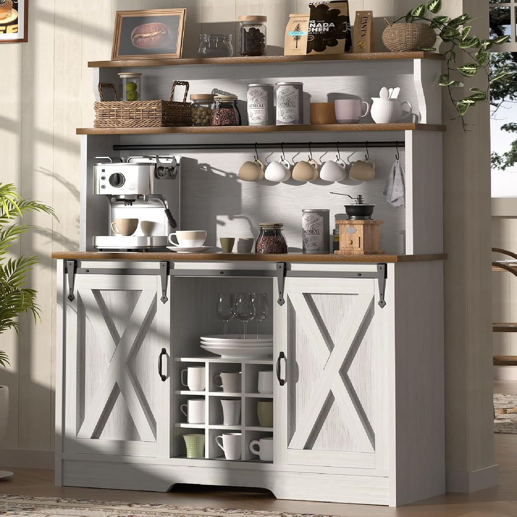 BestHaped Farmhouse Coffee Bar Cabinet with 3 Tier Storage Hutch, 47'' Coffee Bar Station with Sliding Barn Door, Hutch Storage Cabinet with 9 Wine Racks & 9 Hooks for Kitchen Dining Living Room