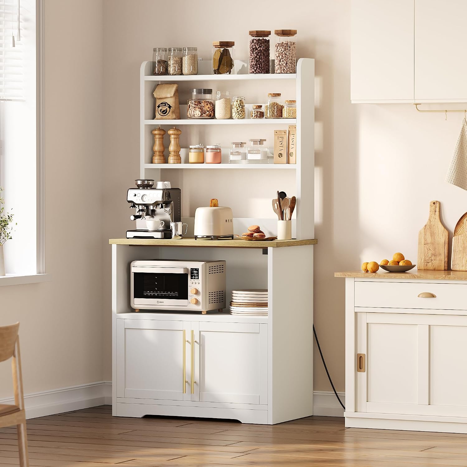 Farmhouse Baker's Rack with Storage Cabinet, Microwave Stand with Built-in Power Outlets, Thick Tabletop Kitchen Pantry Hutch for Dining Room, White & Peer Wood
