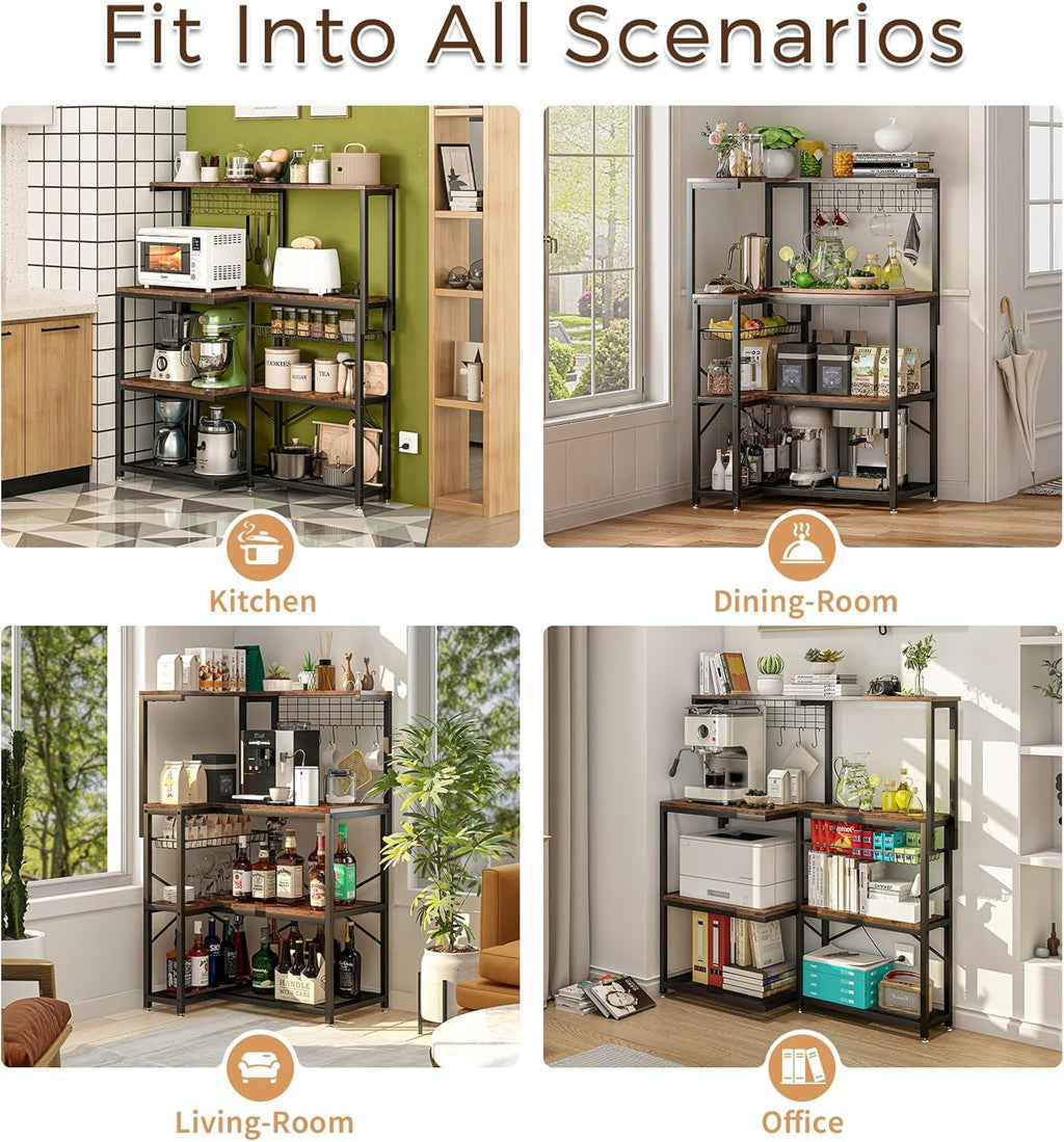 L-Shaped Bakers Rack with Power Outlet,4-Tier Corner Microwave Stand with Storage,Coffee Bar Station with 6 Hooks, Kitchen Shelf with 2 Installation Methods,for Living Room,Office,Rustic Brown