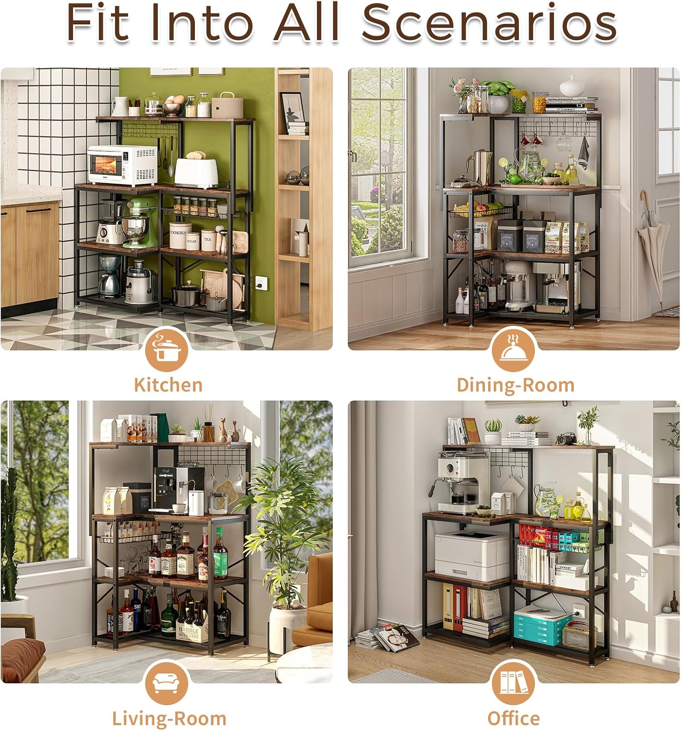 L-Shaped Bakers Rack with Power Outlet,4-Tier Corner Microwave Stand with Storage,Coffee Bar Station with 6 Hooks, Kitchen Shelf with 2 Installation Methods,for Living Room,Office,Rustic Brown