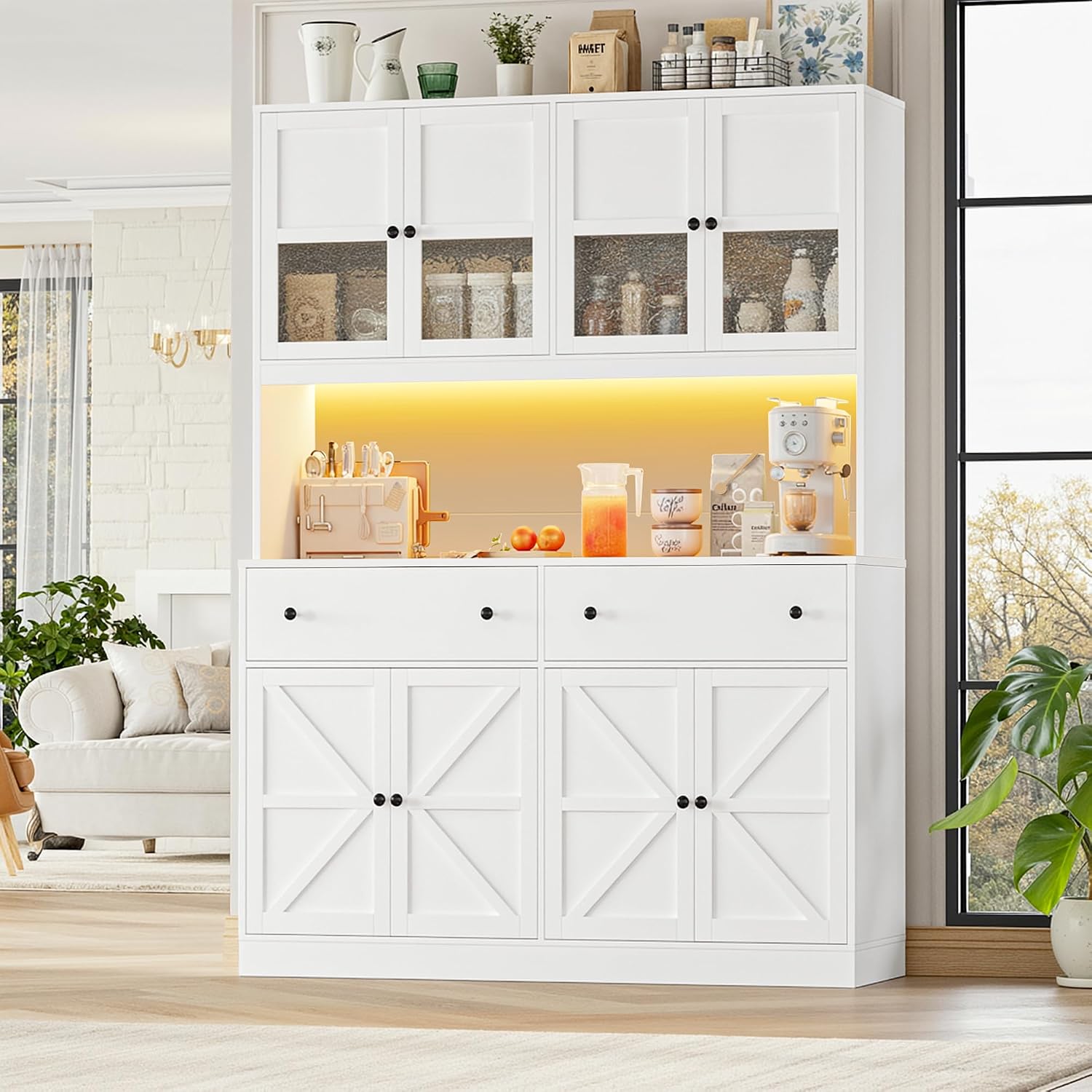 FINETONES 71' Pantry Cabinet with LED Light and Charging Station, Farmhouse Kitchen Pantry Cabinet with Microwave Stand, 47.2' Wide Kitchen Hutch Food Pantry with Open Countertop, White