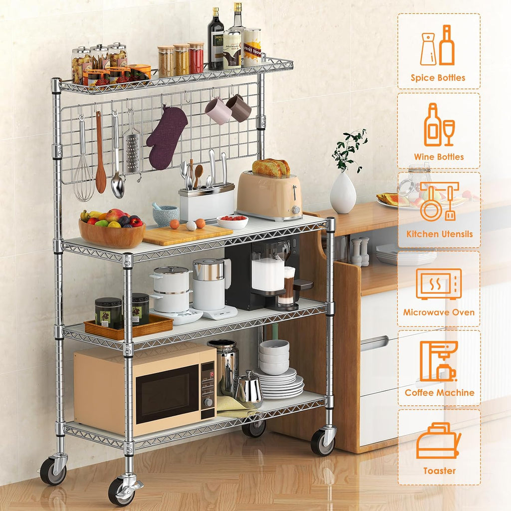Leteuke Bakers Rack with Storage & Wheels, 42 Inch Microwave Stand Kitchen Shelves, 4-Tier Heavy Duty Storage Rack with 20 S-Hooks, Commercial Metal Utility Kitchen Cart, 42× 18× 63 Inch, Chrome