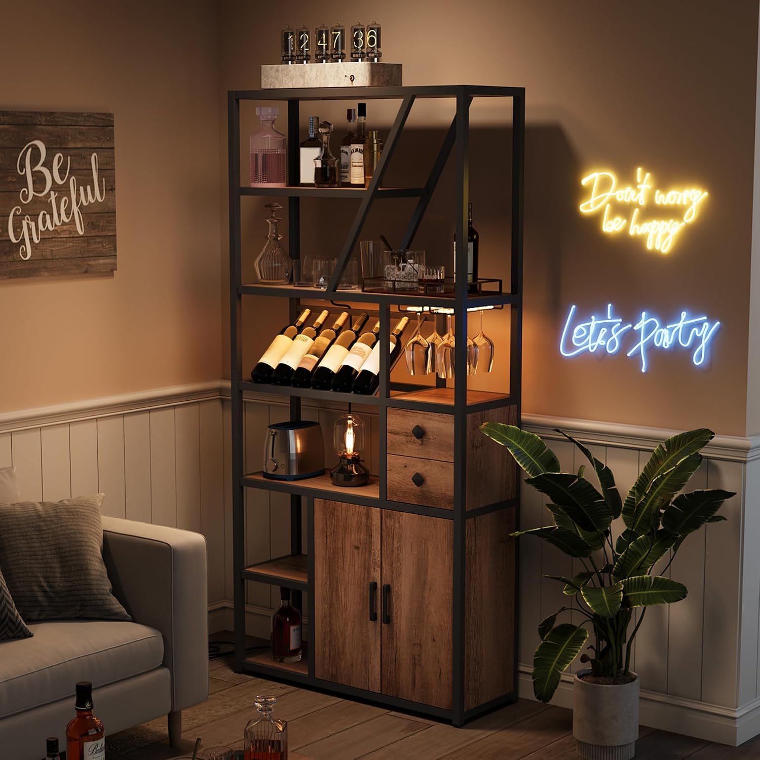 GAOMON Bar Cabinet with Power Outlets, 71.2' Tall Wine Liquor Cabinets with LED Lights and Glass Holder, Coffee Bar Station for Living Room, Microwave Stand Bakers Rack Cabinets, Brown