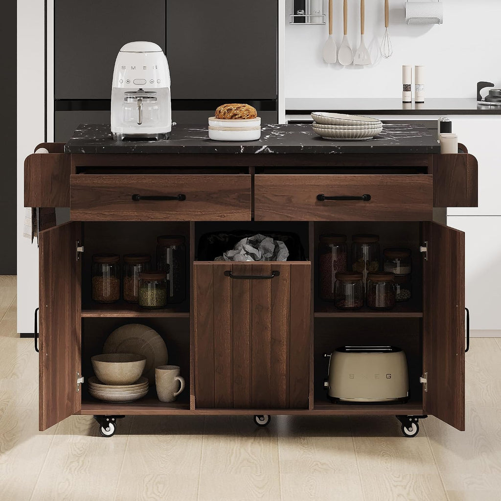Farmhouse Kitchen Island with Trash Can Storage Cabinet, Kitchen Cart with Drop Leaf, Spice Rack, Towel Rack and Drawer, Rolling Kitchen Island on Wheels with Adjustable Shelf (Walnut Brown1)