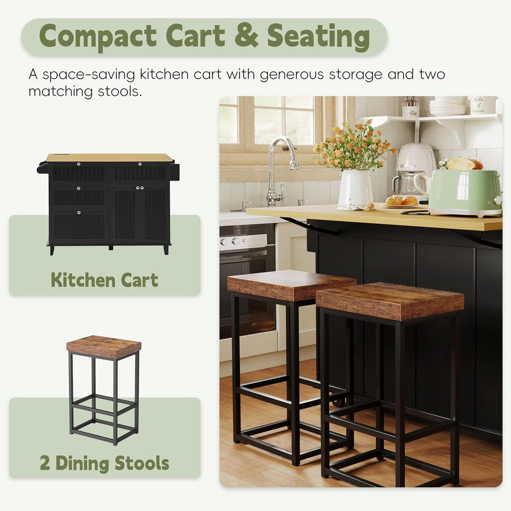 Farmhouse Kitchen Island with Drop Leaf and 2 Seatings, Kitchen Table Set with Storage Cabinet, Drawers, Door Shelves and Power Outlet Black+Rustic Brown