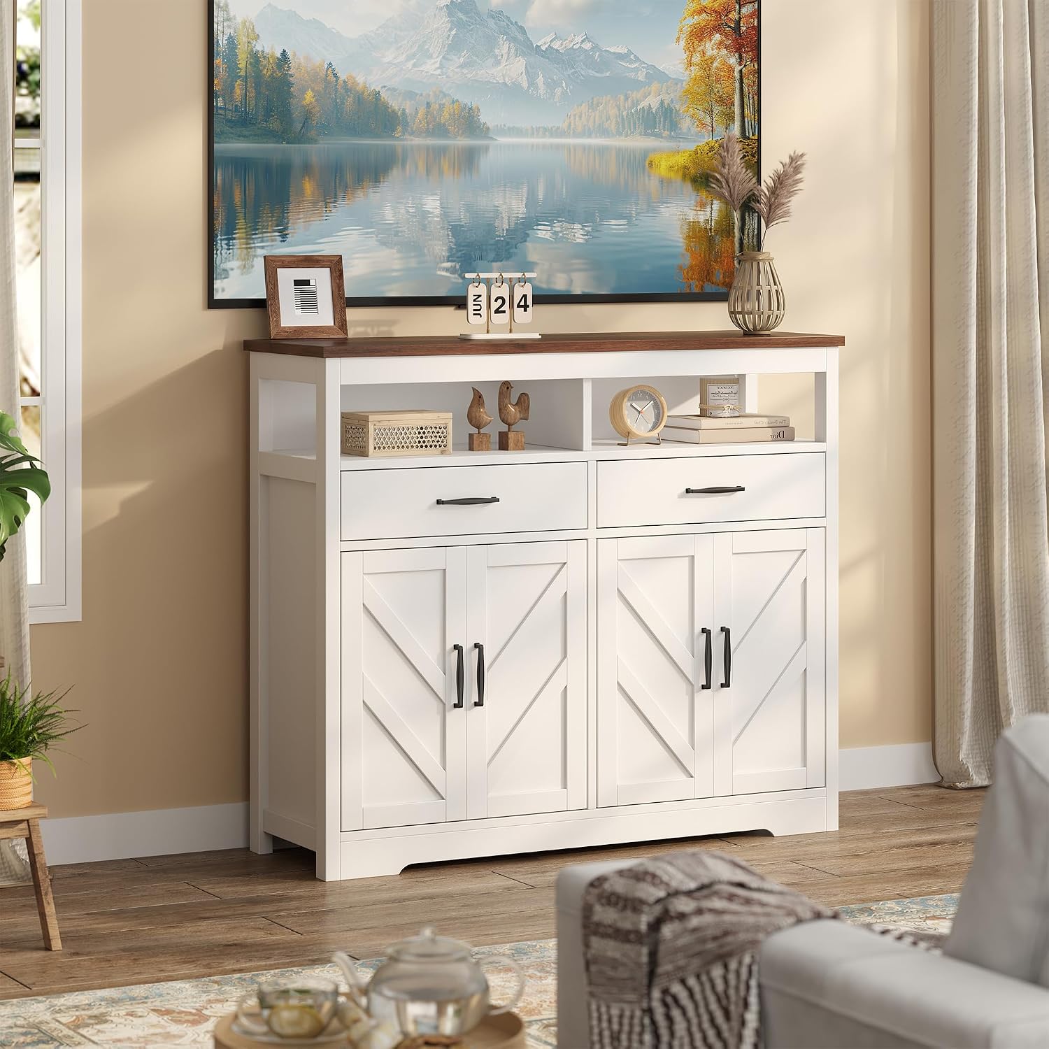 knoworld Buffet Sideboard with Storage Farmhouse with 4 Doors, 47'' Large Kitchen Storage Cabinet Wood Coffee Bar Cabinet Buffet Table with Shelves for Kitchen, Dining Room, Entryway