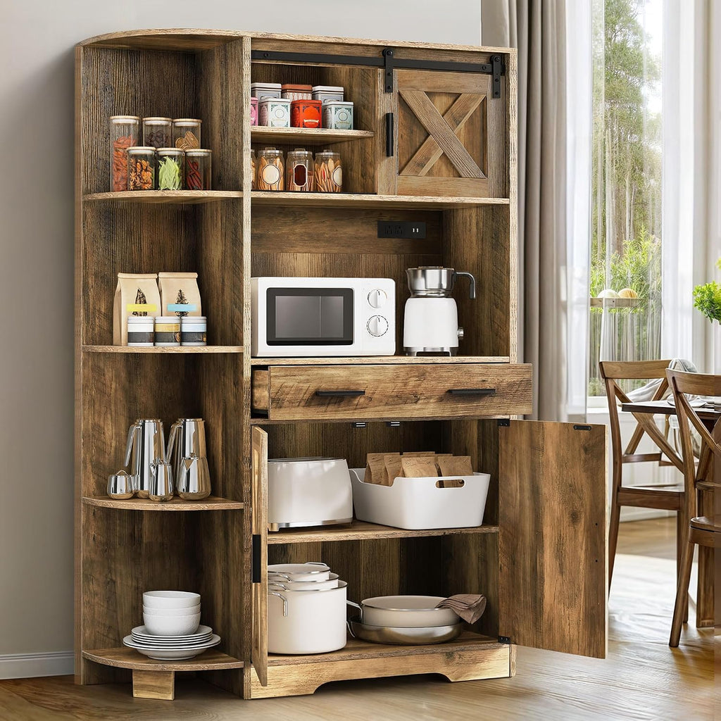 YITAHOME 67' Farmhouse Kitchen Pantry with Power Outlet, Sliding Barn Door Storage Cabinet w Charging Station, Freestanding Hutch with Shelves & Drawer, Microwave Stand Cupboard for Dining Room, Oak