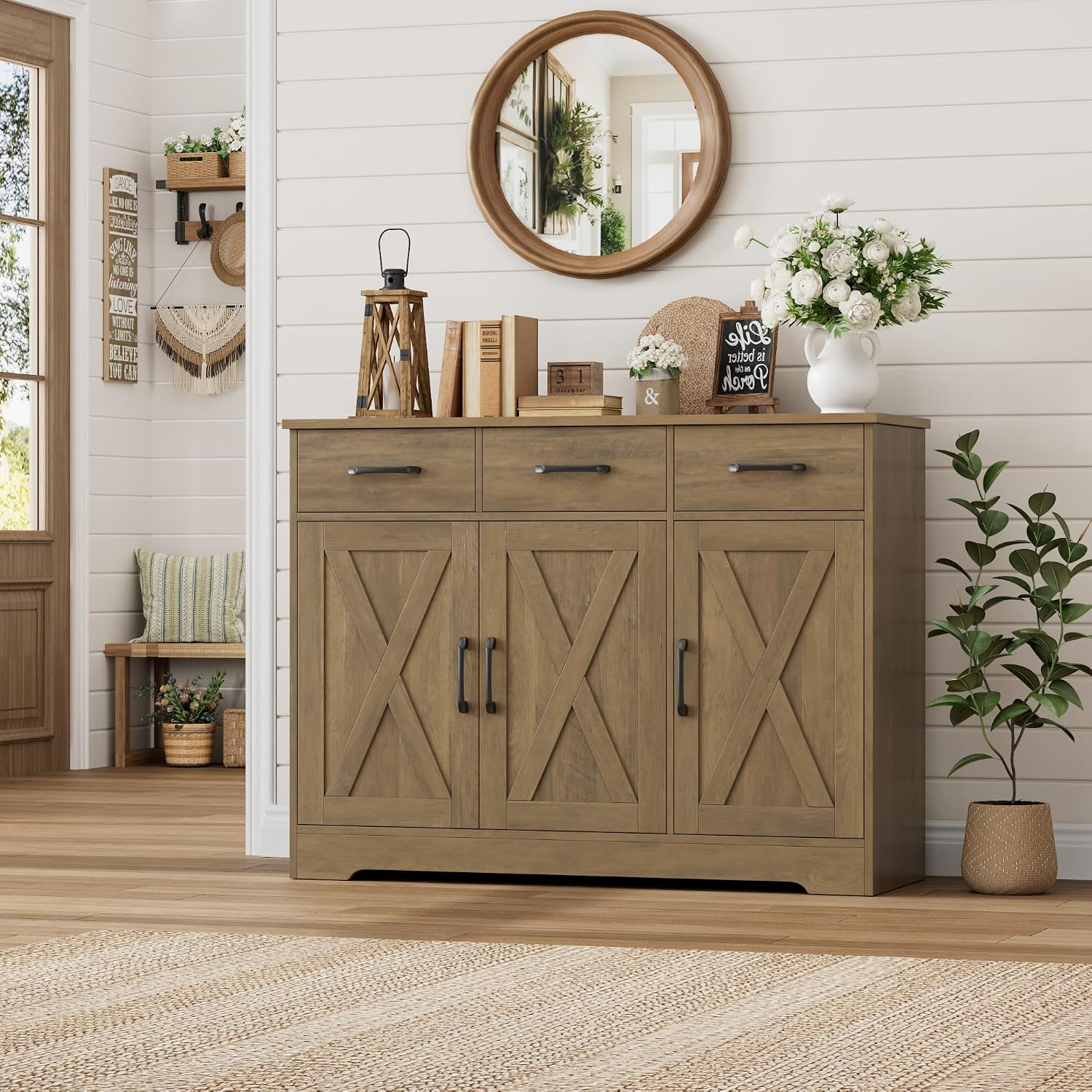 HOSTACK Modern Farmhouse Buffet Sideboard Cabinet, Barn Doors Storage Cabinet with Drawers and Shelves, Wood Coffee Bar Station for Dining Room, Kitchen, Living Room, Rustic Brown
