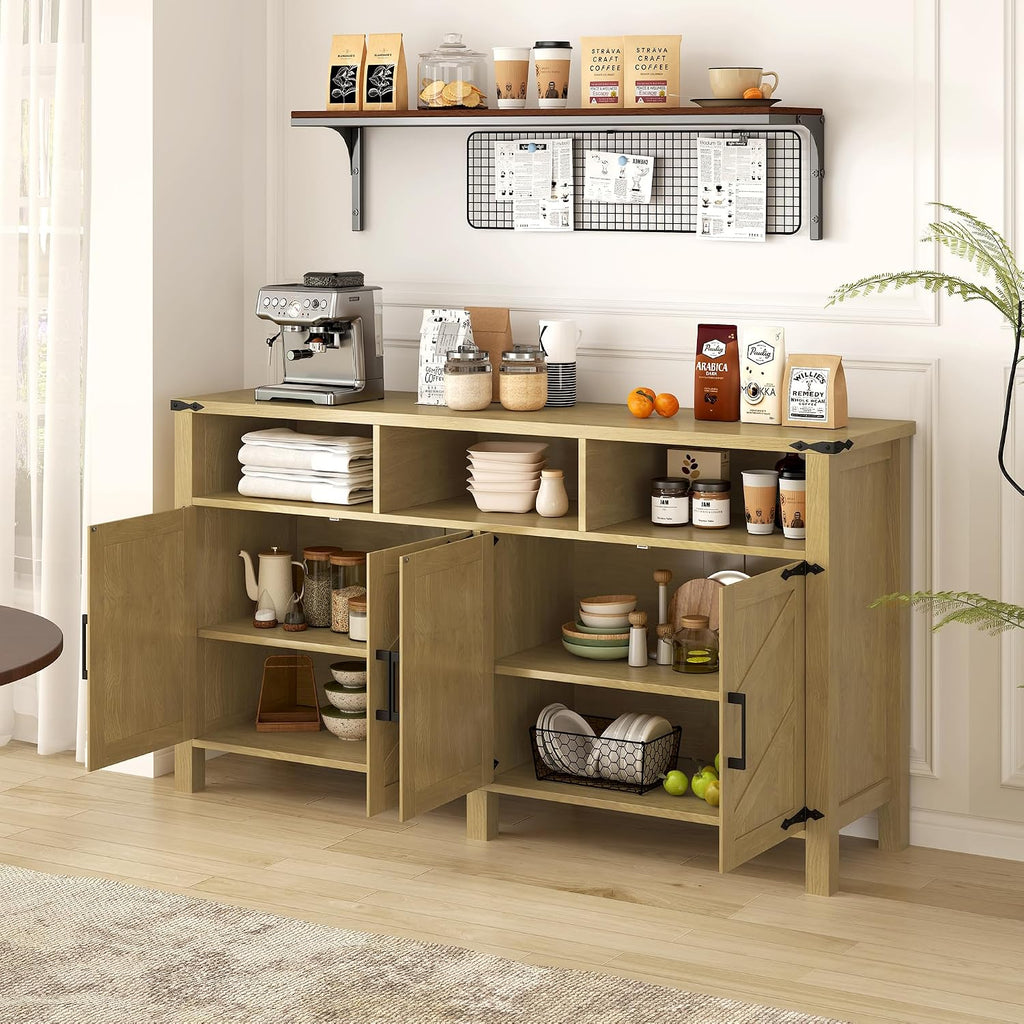 59' Modern Freestanding Storage Cabinet, Kitchen Storage Bakers Rack with Power Outlets, Utility Food Cupboard with Adjustable Shelves for Dining Room Living Room, Natural Wood