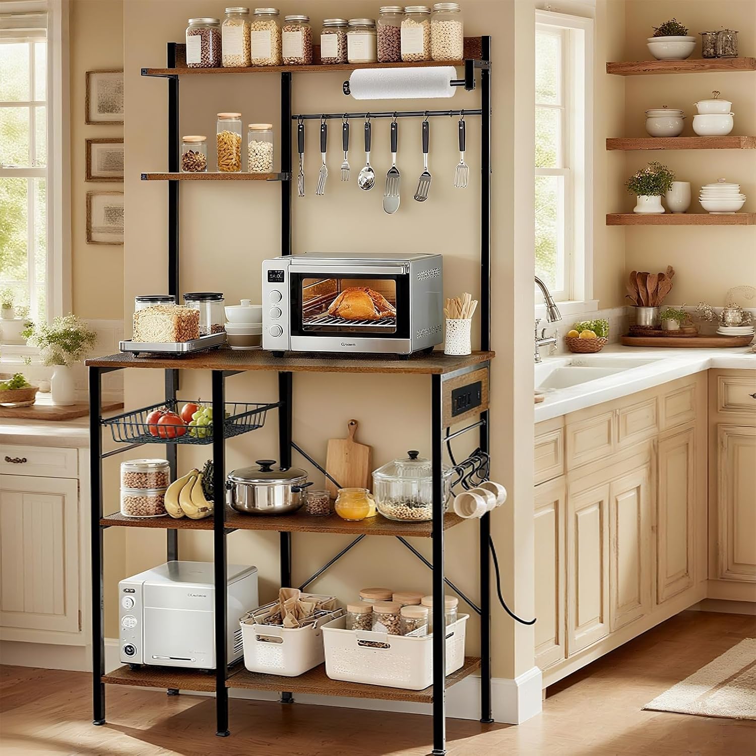 Bakers Rack with Power Outlet, Microwave Stand with Storage, Coffee Bar with S Shaped Hooks, Kitchen Shelf with Wire Basket, Metal Bakers Rack for Spices, Pots (Brown)