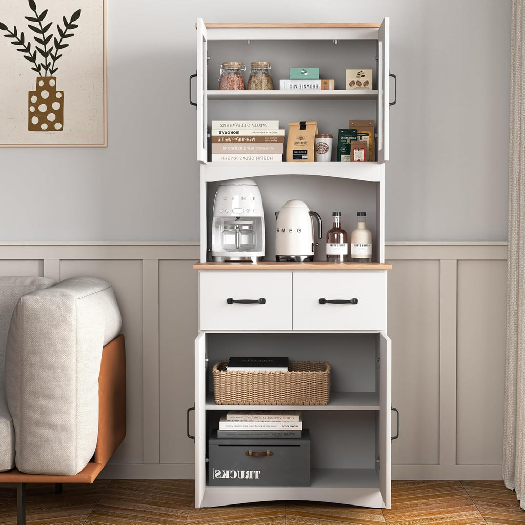 Kitchen Pantry Cabinet, 67' H Wooden Microwave Cabinet with Storage, Display Sideboard with Glass Door and Drawer, Modern Kitchen Storage Rack for Home, Office,Pantry