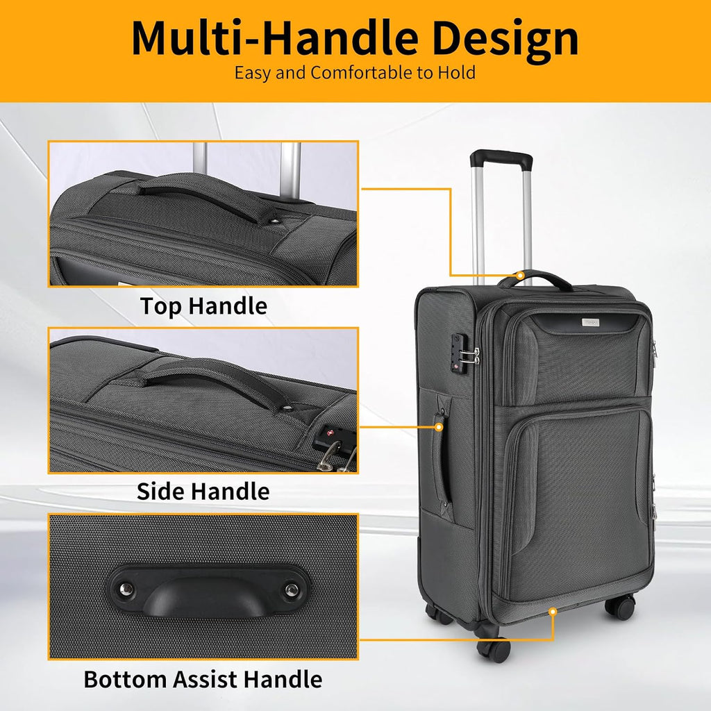 WireHot 3-Piece Softside Expandable Luggage Set with Front Open Pocket, Lightweight and Durable Oxford Fabric Suitcase Set with TSA Lock (Gray, 20in/24in/28in)