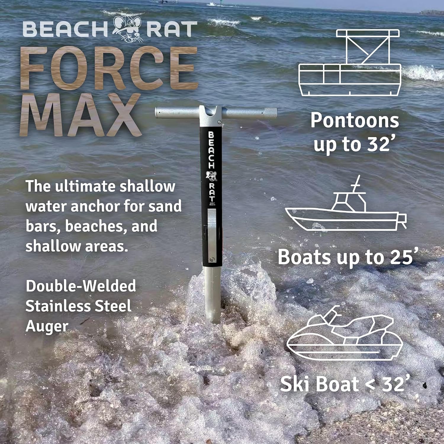 Beach Rat Anchor & Case - Pontoon, Tritoon, PWC Anchor - Shallow Water Boat Anchor & Sandbar Anchor, Screw in Boat Anchor, Stainless Steel & Aluminum Anchor Pole Accessory